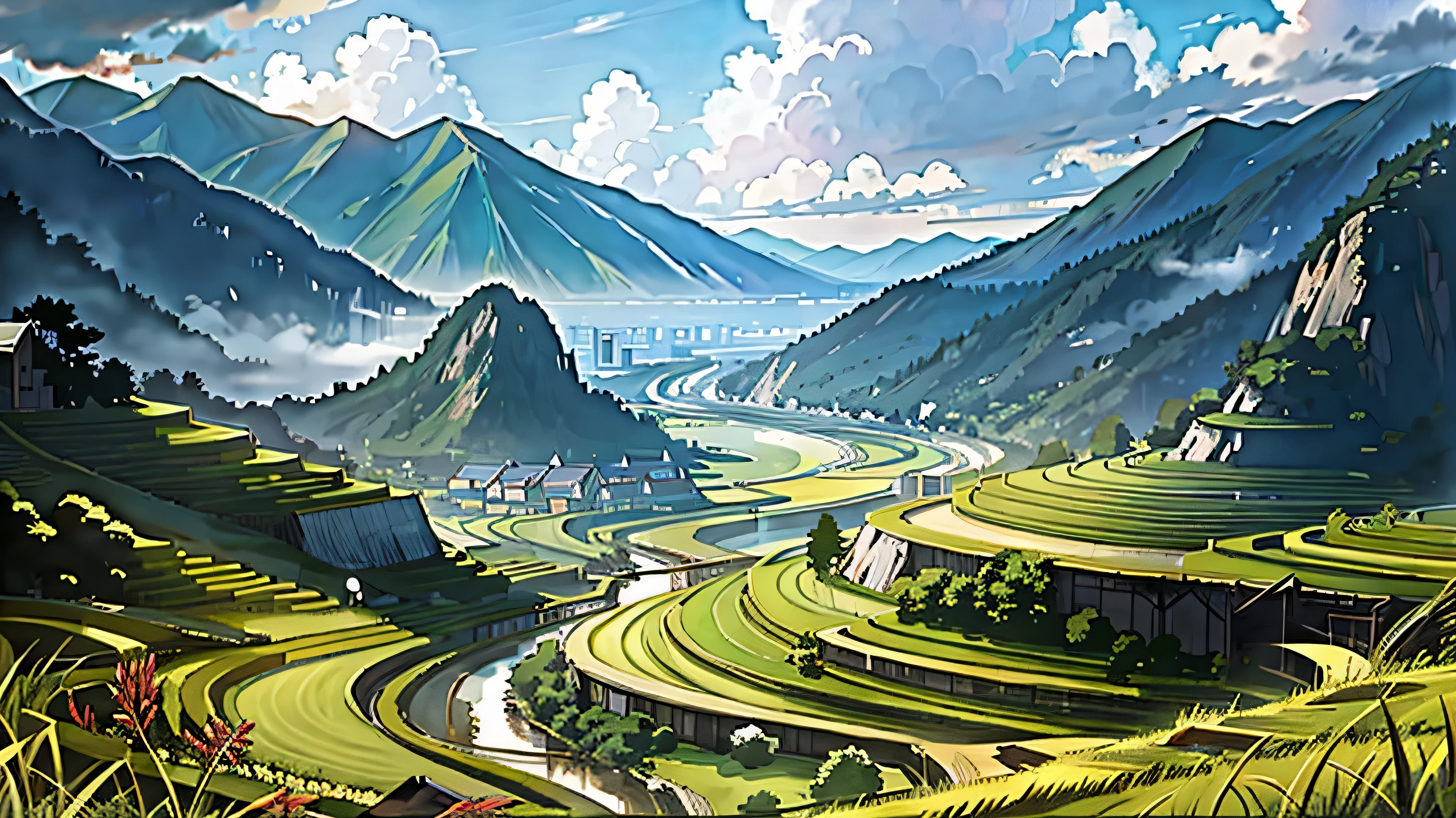 There is a river flowing through the mountains，There is a valley in the middle, vietnam, rice paddies, rice, Rice fields and flowing river, natural morning light, rolling green hills, breathtaking landscape, malaysia with a paddy field, vivid landscape, stunning scenery, ( Visually stunning, stunning scenery, Valle exuberante, stunning landscape, blinds, lush countryside, trip, ( land )
