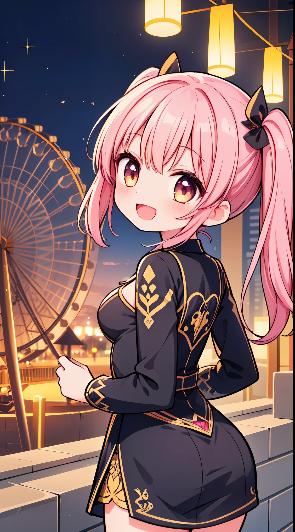 (super fine illustration:1.2),(masterpiece, 8k), (best quality, high quality:1.4), perfect ???????, hyper detailed, ultra detailed,masterpiece background,beautiful detailed background, v8k wallpaper,perfect design,award-winning art,atmospheric,
BREAK, 1 beautiful girl, Solo,(Cute:1.5),(Chibi:0.8), (kawaii:1.5),(:0.5), BREAK, (girl, Cute, Cheerful, face, medium breasts:1.2),(Pink hair,disheveled short twin tails,tareme,Gold eyes:1.2),gleaming skin,Clear skin, cleavage of the breast,Beautiful , gleaming skin,Clear skin, Beautiful skin,( A smile:1.5),(best quality face),(Top quality glowing eyes),(The best smile,:D:1.45),
BREAK, (smile:1.1), detailed one-piece dress, mini skirt, BREAK, (Amusement park:1.2), (attractions, theme parks, roller coaster:1.2), (ferris wheel:1.2), (flower, fountain:1.2), (outdoor:1.2), beautiful detailed sky, dating, sunlight, beautiful lighting, volumetric lighting,
BREAK,wakame,wakame,wakame,(dynamic angle, from behind:1.5) ,
BREAK,(Blurry background:1.3),(absurderes, hight resolution, Super Detail Art),cel shading,Clear Color, Lonely optical effect, Beautiful pictures, Bright glow, mystic atmosphere,(Close-up of girl:1.1), Mystical light particle effect,manga influence, clean line drawings,