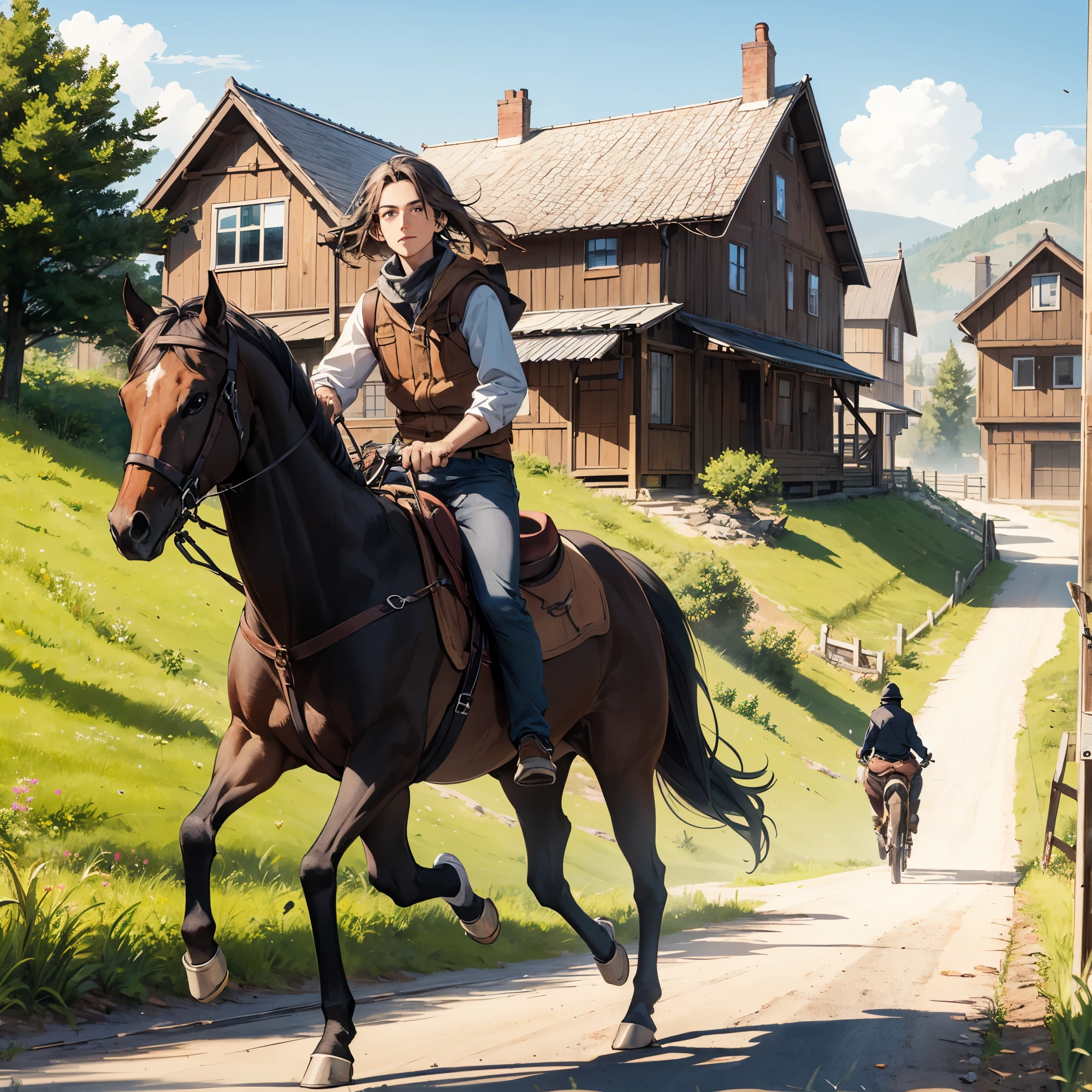 vast steppes, 1 person riding a horse galloping, wooden house at the far end of the road