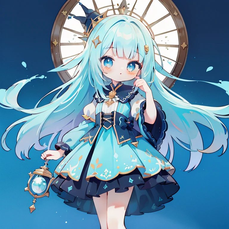 Highly detailed CG integrated 8k wallpaper, very fine 8KCG wallpaper, absurd,((( ))),((Childish))、highest quality ,super detailed ,beautiful face ,masterpiece、Show from head to waist、a girl is standing、highest quality(masterpiece), highest quality, 1 girl,Expressionless、 (((Light blue hair and long hair)))、Hair is bouncing a little、Light blue witch costume、Light blue pupil and flower pupil