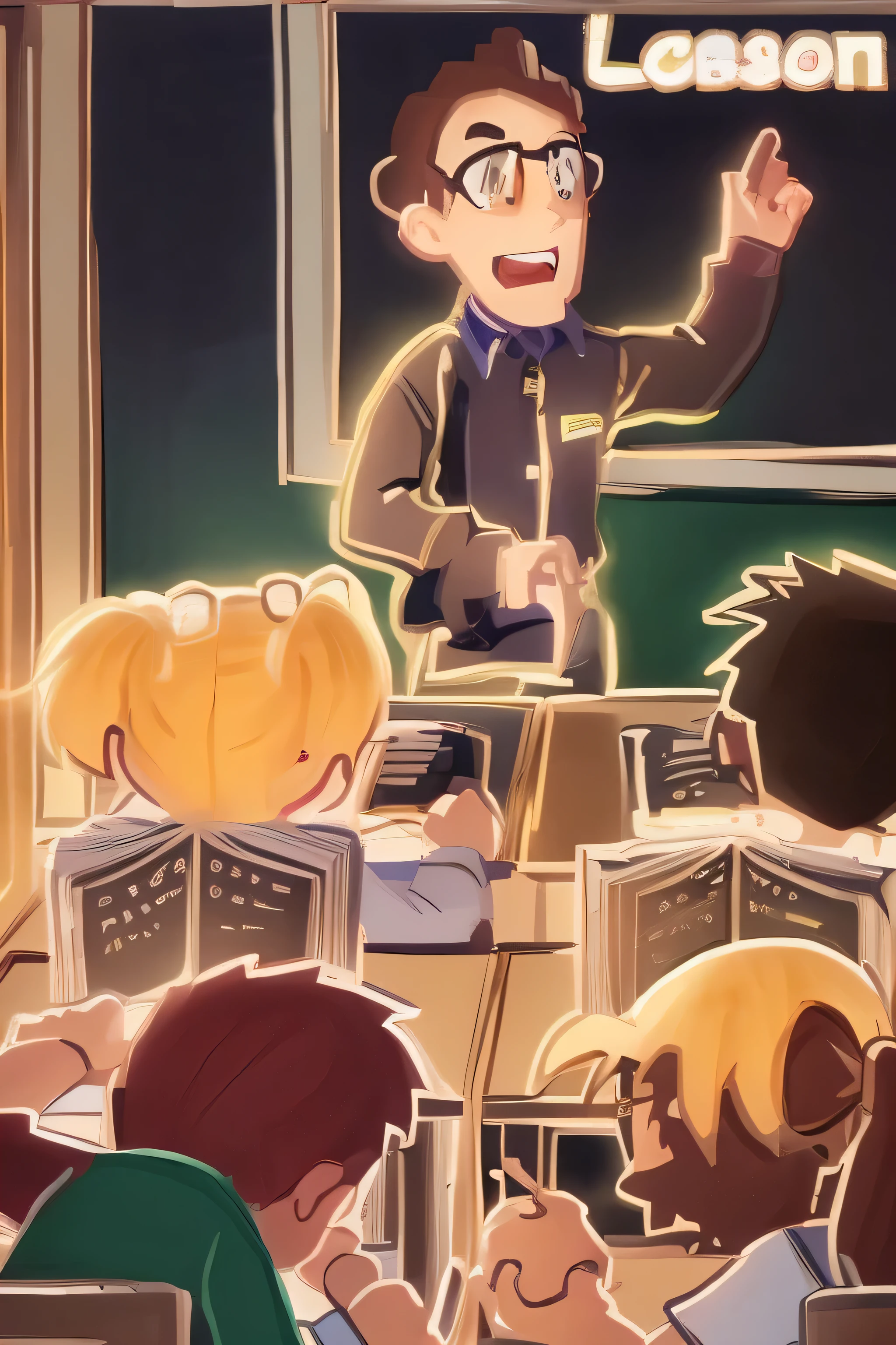 cartoon of a teacher teaching a class of children in a classroom, typical anime classroom, Escola class, in a classroom, in a school classroom, as a strict school teacher ), classroom, teacher, classroom doodle, school classroom, 站在classroom上, classroom background, author:, author:Toshihide Nishida, author:Yokoyama Grand View, Japanese animation style