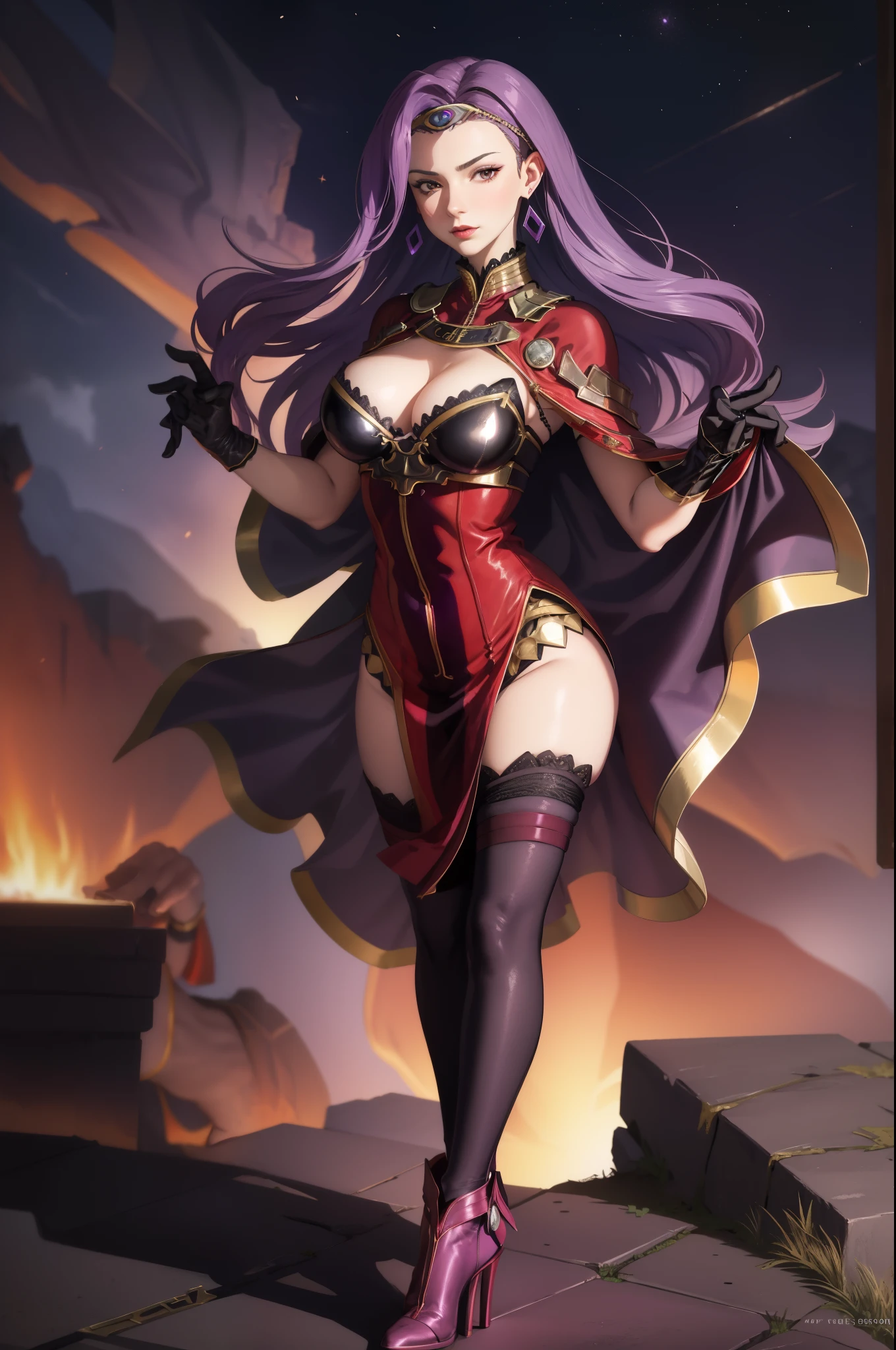 defsonya, circlet, purple cape, earrings, cleavage, red dress, black gloves, black thighhighs, high heels