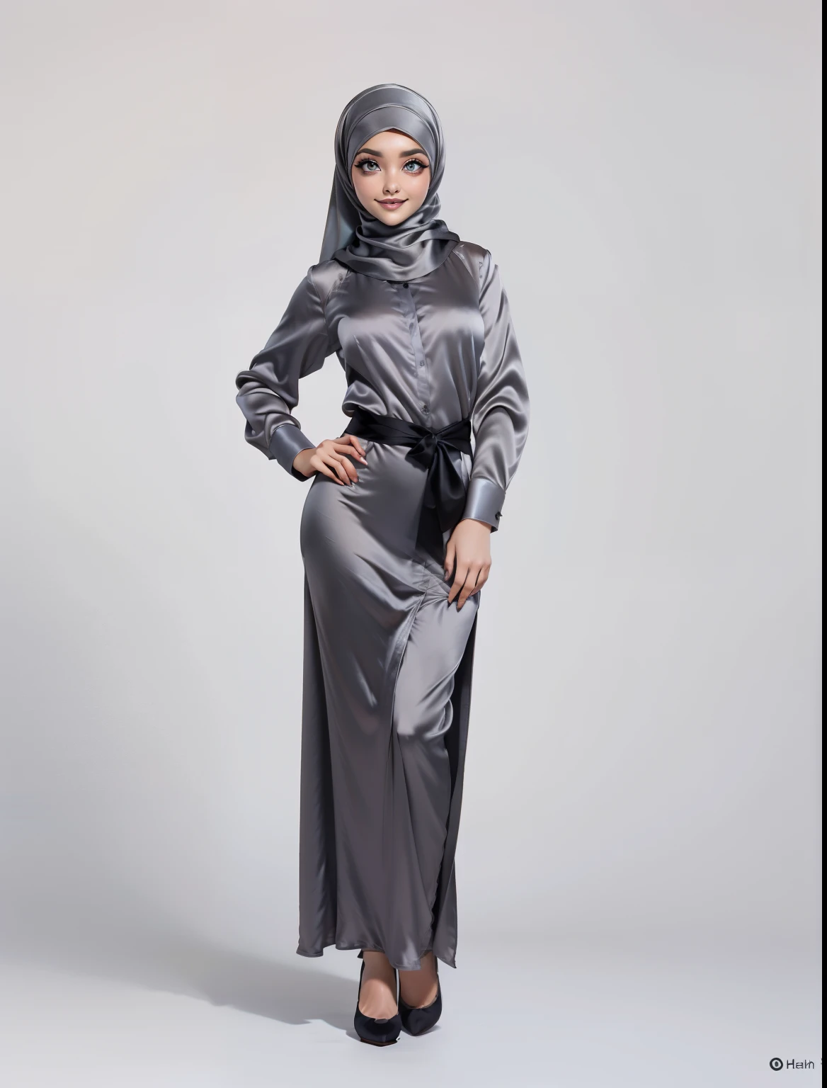 Character Design - a ((full body)) character design sheet of a beautiful hijab girl character, beautifully makeup, eyeshadow, Parted Lips, detailed eyes, beautiful big eyes, long eye lashes, smile. She's dresses ((gray satin headscarf)), loosely tide hijab style, ((gray satin shirt)), ((black satin long gown)). Cartoon style, front, side and back views