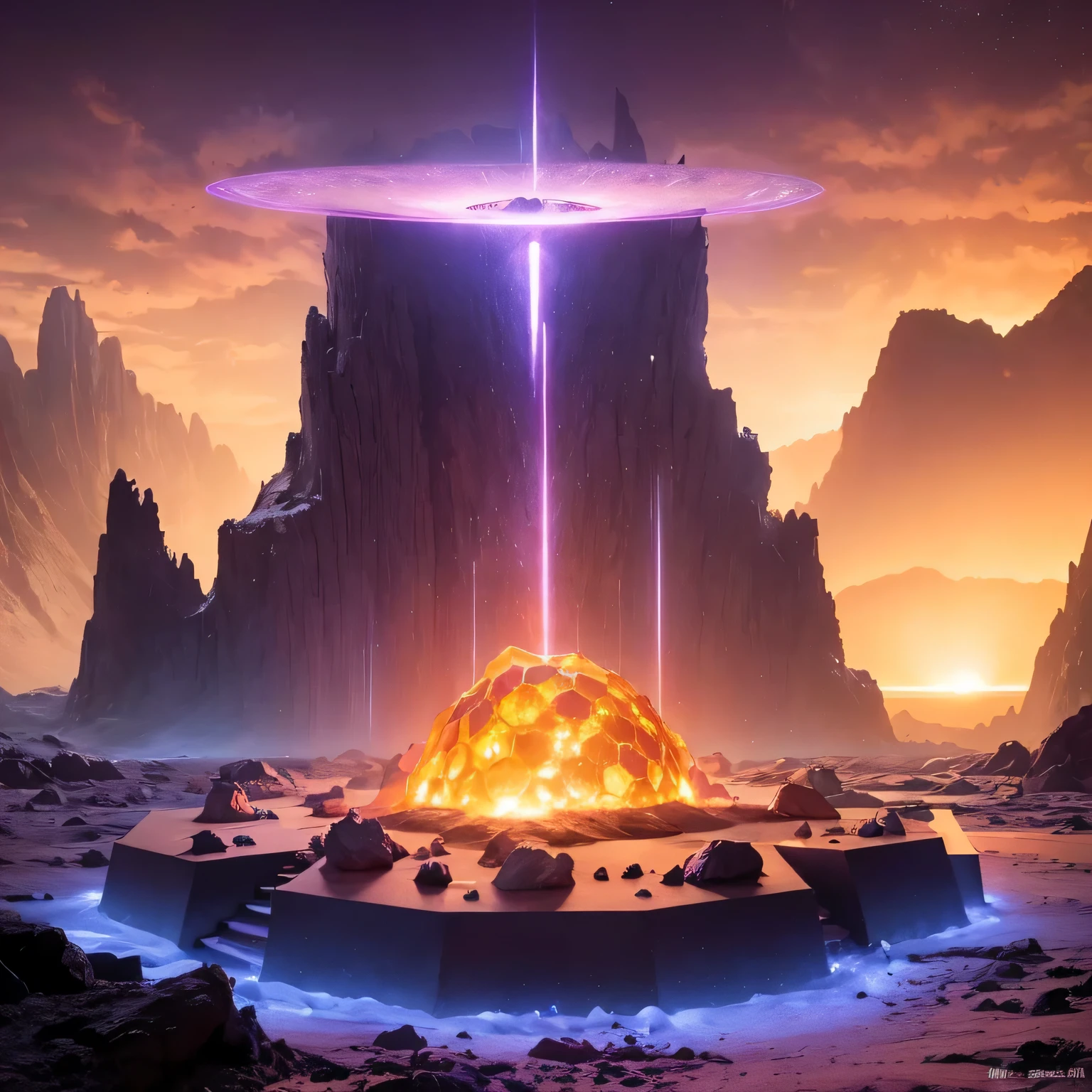 柔and的色调/柔and色调/柔and的色调，Strange photos of heavy metal planetary clouds，electron micrography，Tissue Engineering，and，statistical mechanics，Dada Photo Montage，future proposals，Mark Caseley，quantum level，light orange style，Purple pink series，Alien Hexagonal Base（Very detailed）In a hexagonal mountain oasis，有几个六角形排气扇and烟囱，some neon lights project from the base，light up the night）， There are some clouds in the night sky，Some surrounding planets provide air to unknown planets，The most distant giant hexagonal volcanic eruption，rainforest