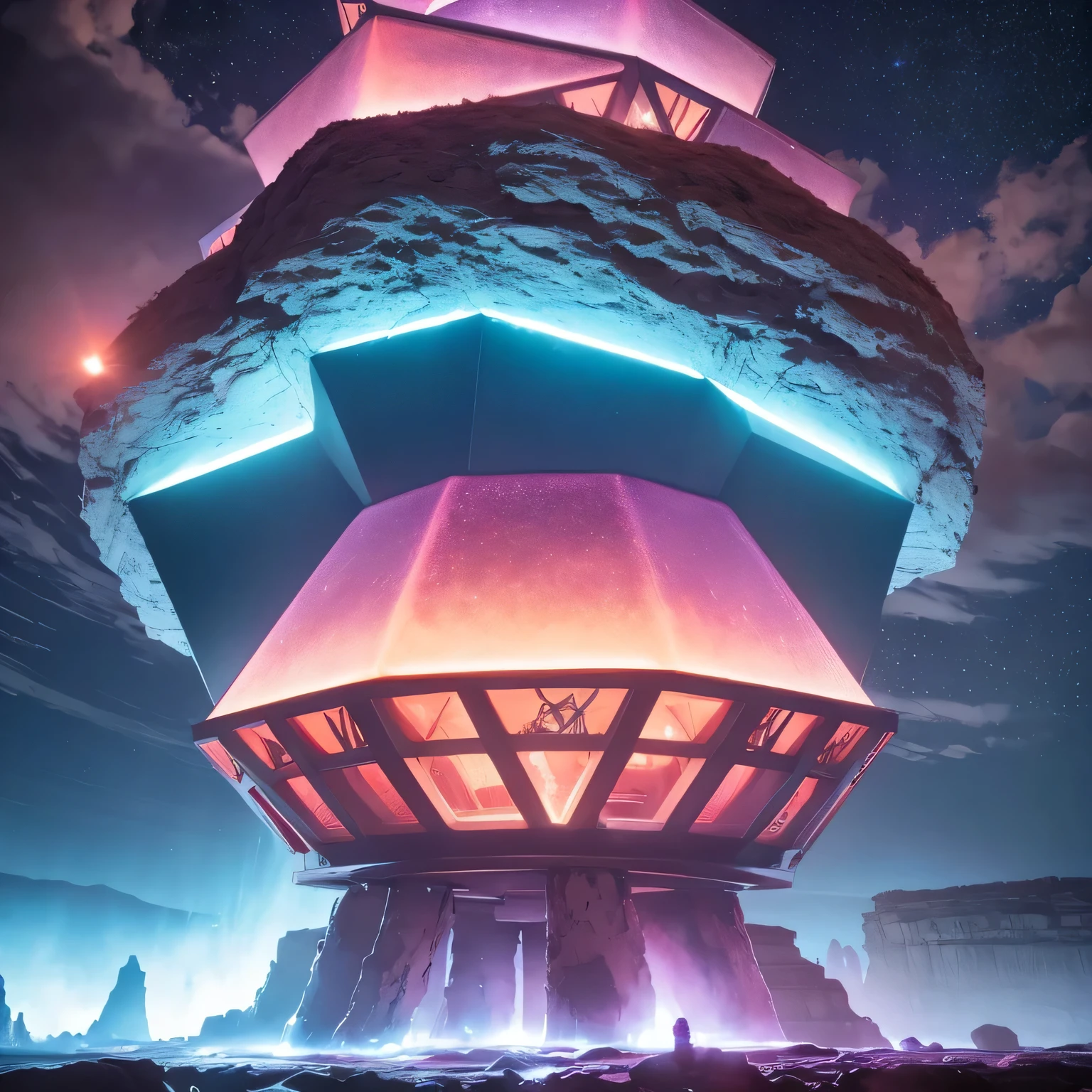 柔and的色调/柔and色调/柔and的色调，Strange photos of heavy metal planetary clouds，electron micrography，Tissue Engineering，and，statistical mechanics，Dada Photo Montage，future proposals，Mark Caseley，quantum level，light orange style，Purple pink series，Alien Hexagonal Base（Very detailed）In a hexagonal mountain oasis，有几个六角形排气扇and烟囱，some neon lights project from the base，light up the night）， There are some clouds in the night sky，Some surrounding planets provide air to unknown planets，The most distant giant hexagonal volcanic eruption，rainforest