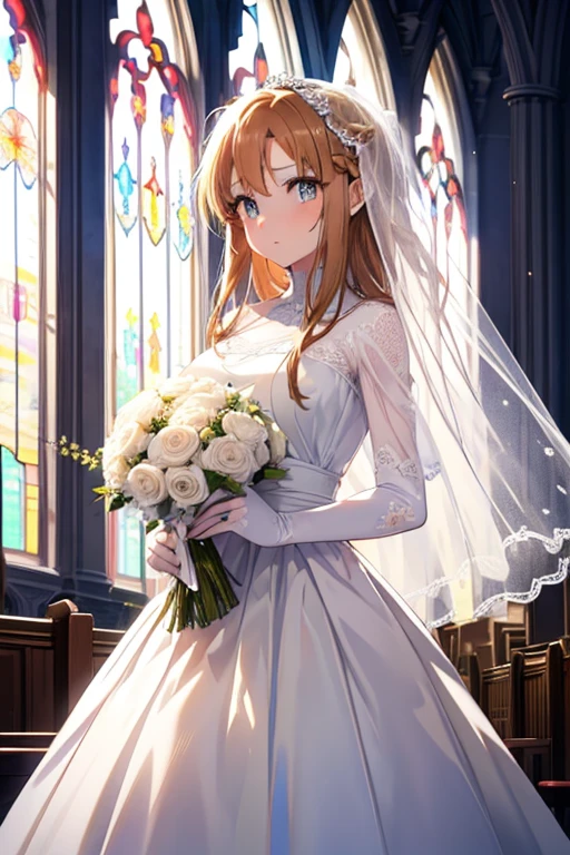1 girl, masterpiece, Are standing,, Asuna \(star\),Asuna SAO , Braid, brown hair, brown eyes,Wedding dress,veil,bouquet,church,chapel,(masterpiece:1.2), highest quality, High resolution, unity 8k wallpaper, (figure:0.8), (beautiful and fine eyes:1.6), highly detailed face, perfect lighting, Very detailed CG, (perfect hands, perfect anatomy),
