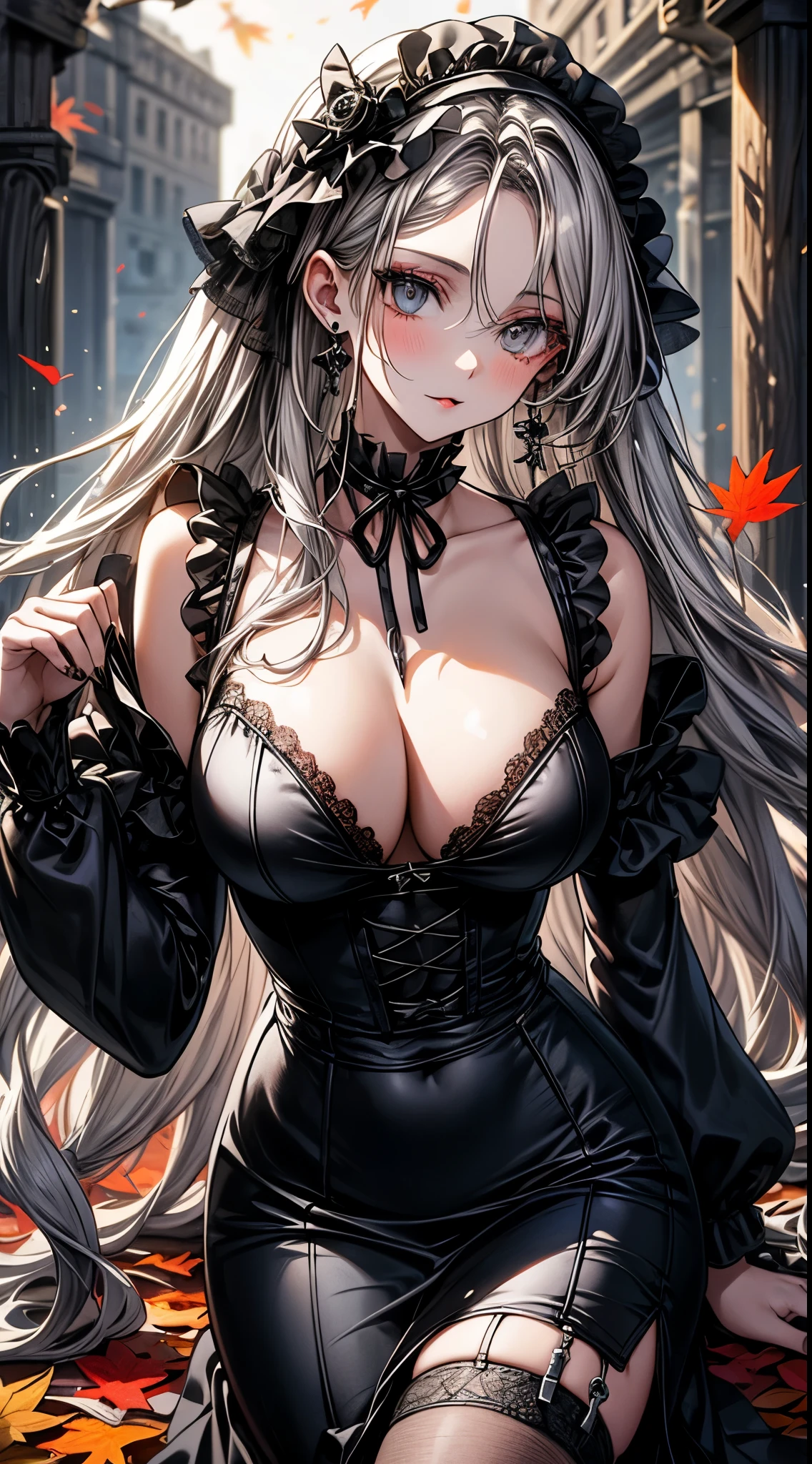 masterpiece, best quality, 1024x2048 resolution, 1girl, long hair, silver hair, goth makeup, black lips, gloss lips, sexy goth dress, long dress, gothic ornament, goth jewerly, spiked ornaments, thick, large breasts, medias de malla, goth heels, dusk, autumn, fallen leafs, victorian style, gothic style, ruins, cubierto de enredaderas, crecimiento de maleza, rainy