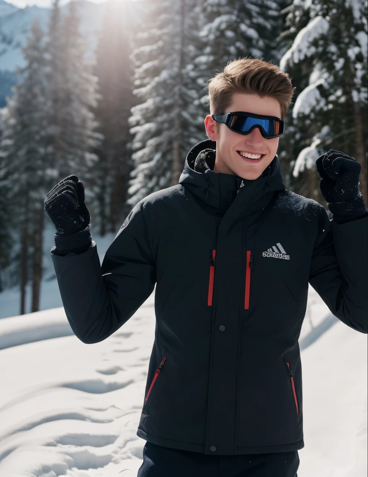 photo of a young man of exquisite beauty posing for a picture on a snowy mountain, she is wearing ski goggles, he has short haircut, he is smiling, snowy weather, cold winter evening, ski gear [consistent facial and body proportions, aesthetic design and intricate composition, refined body details, natural beauty, realism, authenticity, photorealistic, accurate colors and shades, true tone representation, authentic shadows, sharp focus, fine details, high resolution scene, subtle lighting and highlights, texture fidelity]