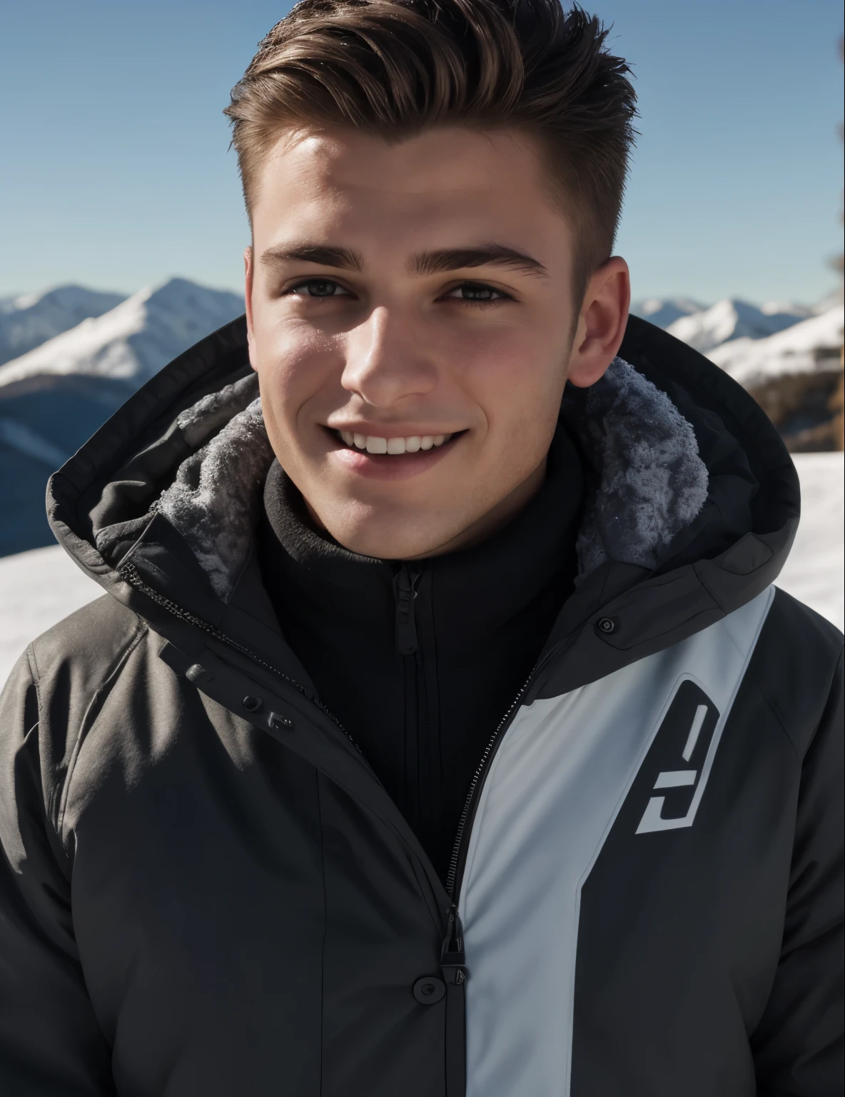 photo of a young man of exquisite beauty posing for a picture on a snowy mountain, she is wearing ski goggles, he has short haircut, he is smiling, snowy weather, cold winter evening, ski gear [consistent facial and body proportions, aesthetic design and intricate composition, refined body details, natural beauty, realism, authenticity, photorealistic, accurate colors and shades, true tone representation, authentic shadows, sharp focus, fine details, high resolution scene, subtle lighting and highlights, texture fidelity]