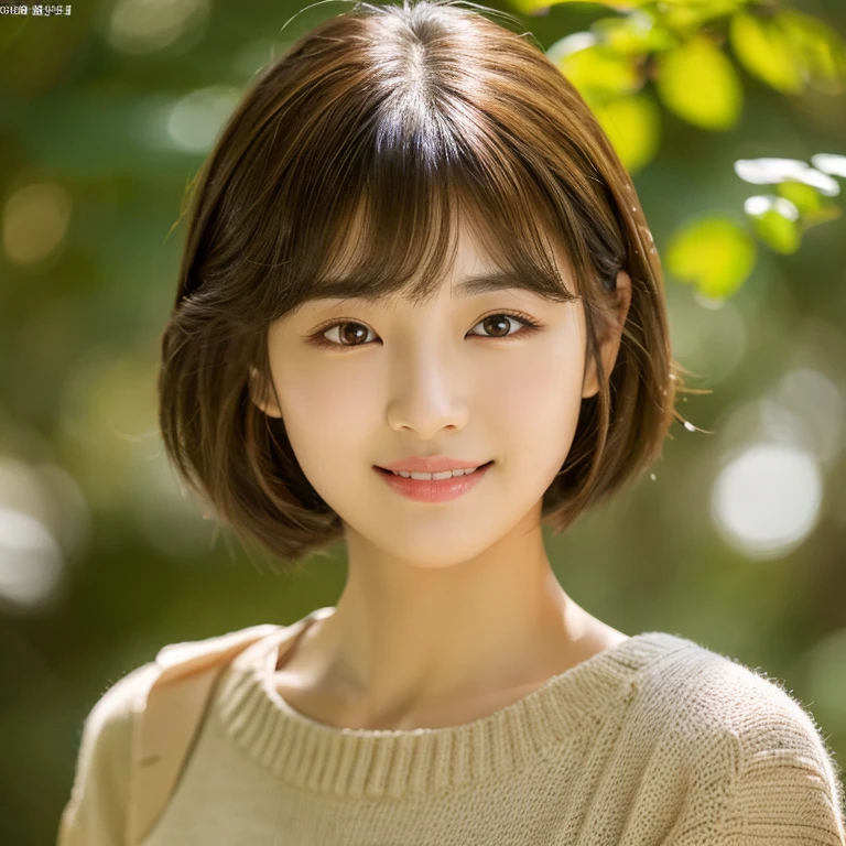 8K, high resolution, Best quality, masterpiece:1.2), RAW photogragh of Korean girl, full body, cute, neat and beautiful girl, smile, Large breasts, Detailed face,(Natural skin texture, Detailed skin, Hyper-realism, ultra-sharpness), blouse, flared skirt, back light, (Photorealsitic:1.4), brown medium hair, a small face, highlights in the eyes, Light brown eyes, Gloss on lips, Distinct double eyelids, face perfect, bangs, Autumn Foliage Forest