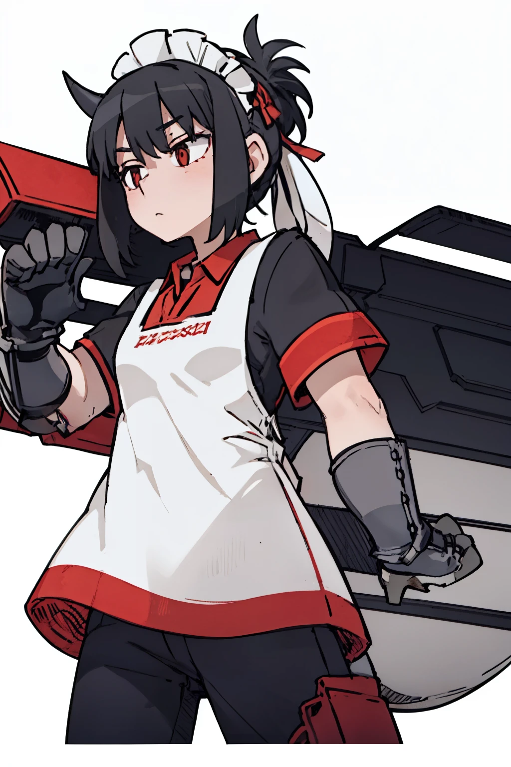 ((a woman,front,whole body)),maid outfit,black hair,White Devil Horn,White background,Native American,feather