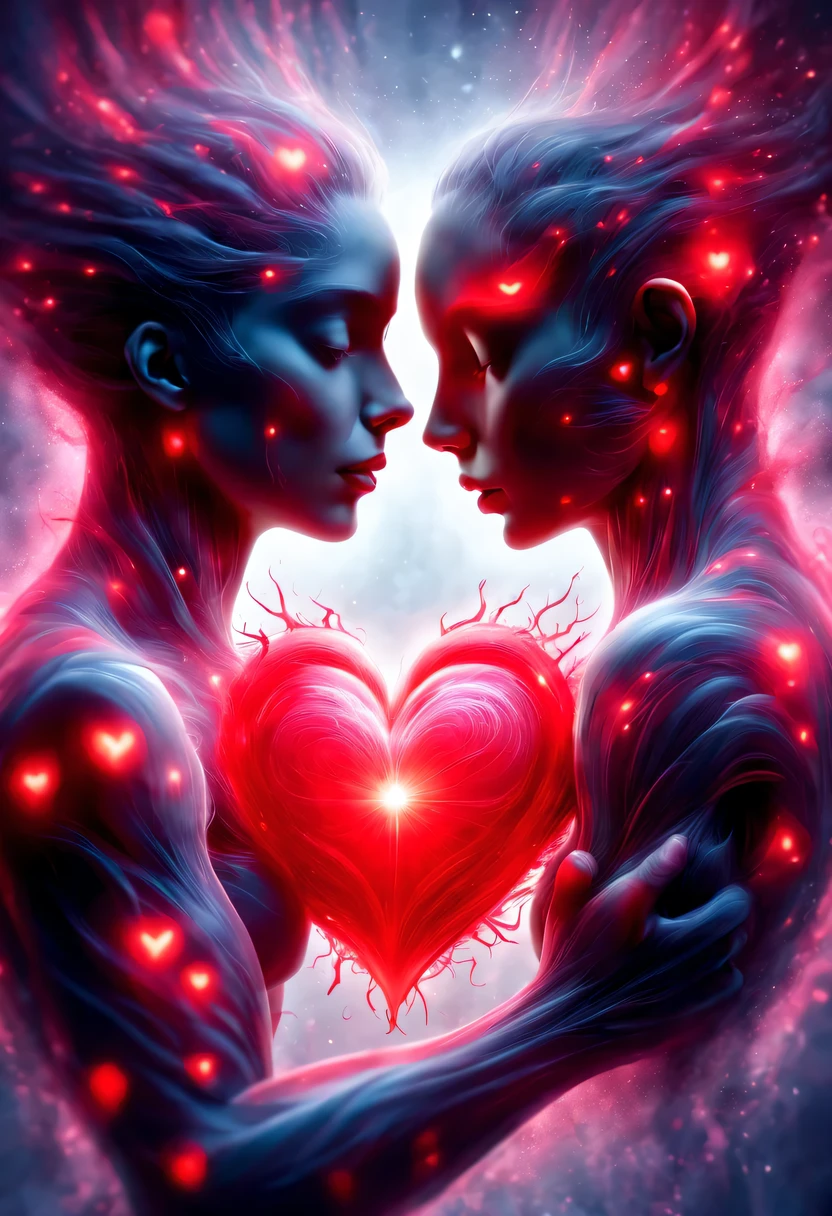 （Man giving woman huge glowing red heart），（There is a beautiful eye in the red heart：1.3）（Clear anatomy，A red heart beats in the center of the picture.：0.85），（Tom Hardy and Audrey Hepburn）（A man and a woman hugging each other face to face，share a huge heart），Black light art，sharp focus，Toned muscles，Background human upper body muscles， fantasy，Reality，cartoon，3d rendering，Super fine, Eighth Route Walker, Behavioral Contest Winners, vanity, trumpet, modern, 超Reality主义