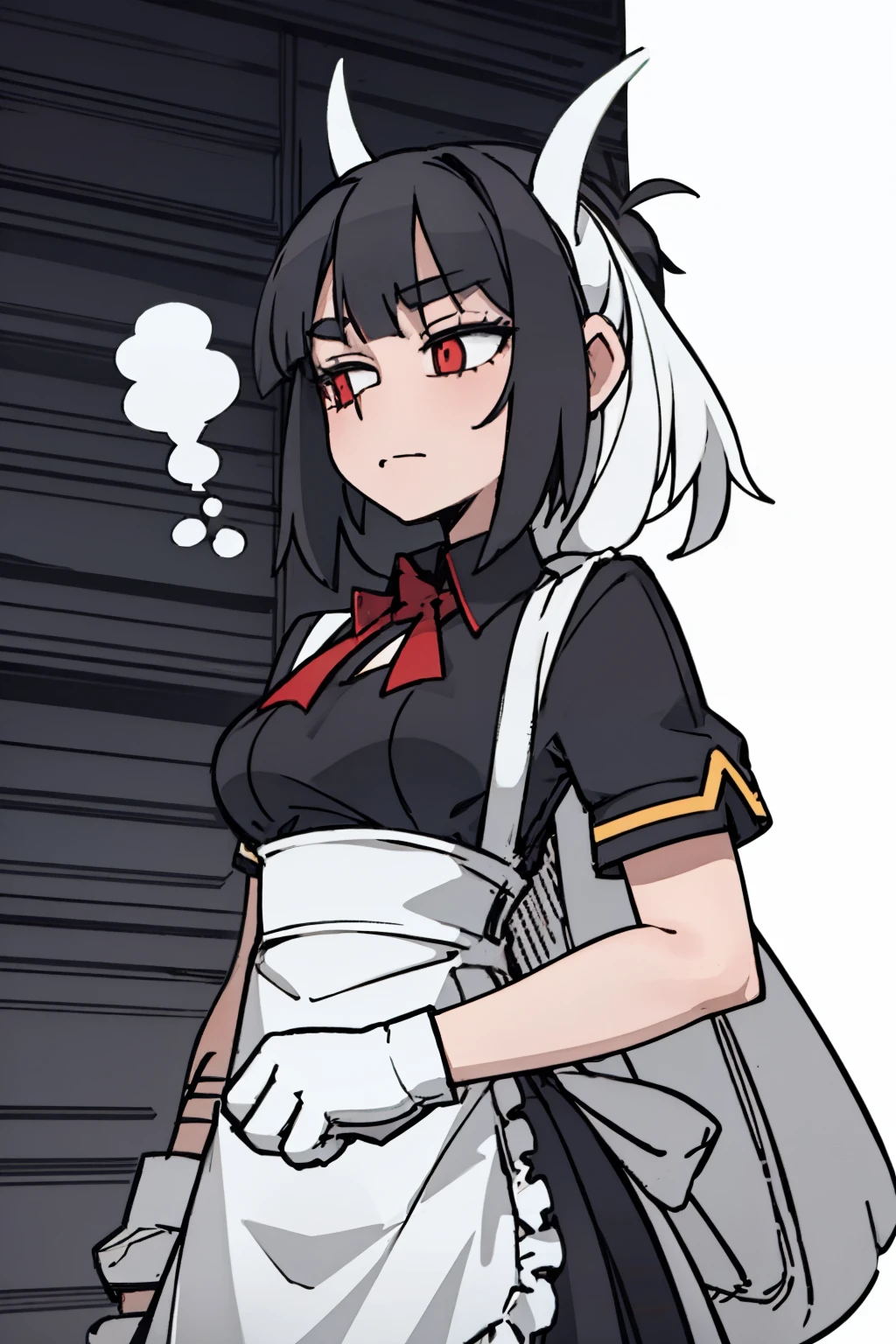 ((a woman,front,whole body)),maid outfit,black hair,White Devil Horn,White background,Native American,feather