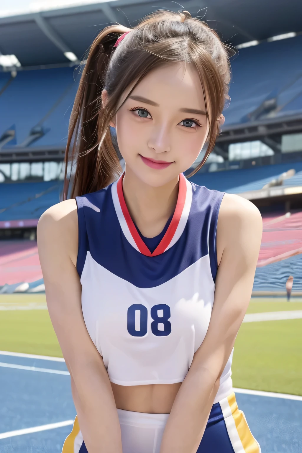 pieces fly、masterpiece、highest quality、Super detailed、High resolution、High resolution、8K portrait、unity 8k wallpaper、Detailed CG、unity 8k wallpaper、Detailed CGユニティ8kの壁紙、realistic、real person、portrait photography、shiny skin、(20-year-old)、High resolution、beautiful clear eyes、very detailed explanation、delicate face、nice lips、thin waist、thin legs、1 girl、(athletics stadium:1.4)、(colorful sleeveless track and field uniform:1.4)、(big breasts:1.2)、(Swelling of the nipples:1.3)、(smile)、(abs:1.3)、(bun hair)、(cute)