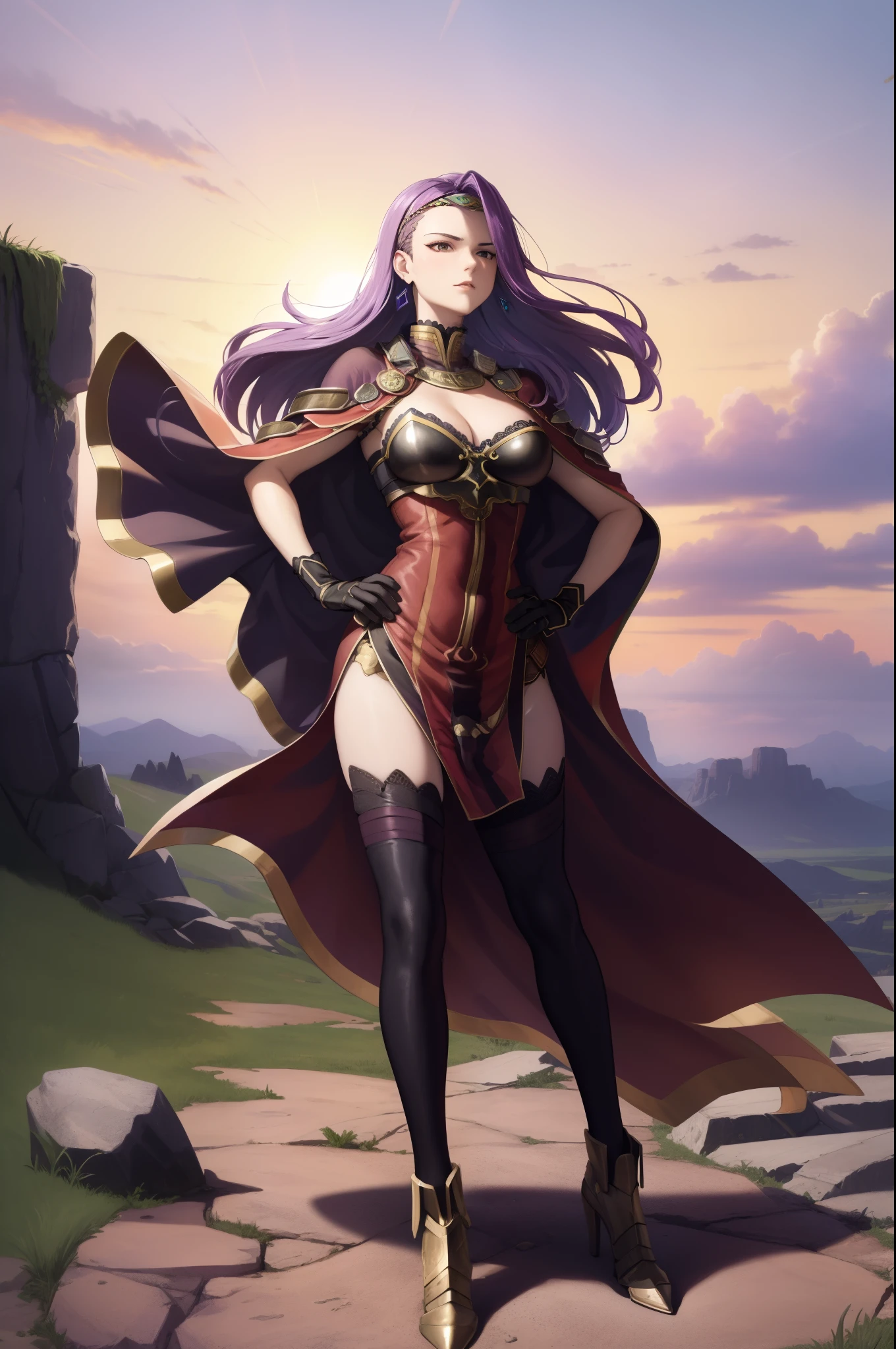 masterpiece, best quality, defsonya, circlet, purple cape, earrings, cleavage, red dress, black gloves, black thighhighs, high heels, walking, stone stairs, rock formations, sky, clouds, hands to hips