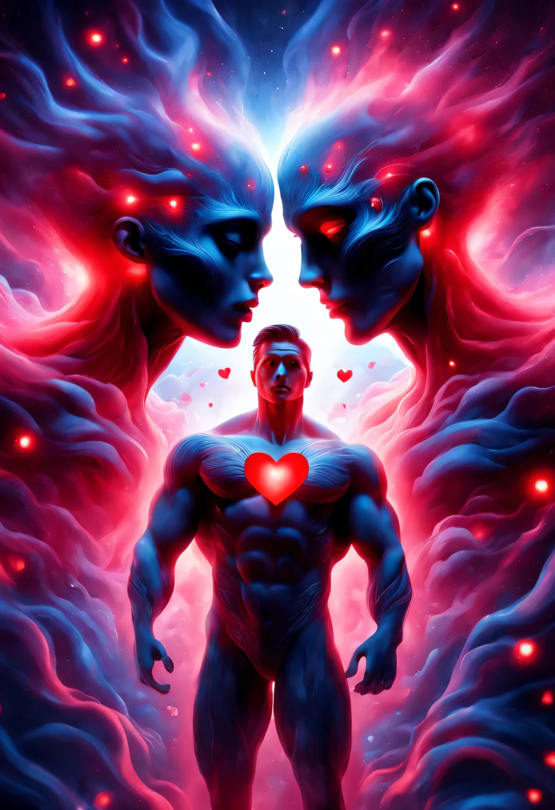 （Man giving woman huge glowing red heart），（There is a beautiful eye in the red heart：1.3）（Clear anatomy，A heart glowing red beats in the center of the picture.：0.6），（Tom Hardy and Audrey Hepburn）（A man and a woman hugging each other face to face，Sharing a huge heart），Black light art，sharp focus，Toned muscles，Background human upper body muscles， fantasy，Reality，cartoon，3d rendering，super fine, Eighth Route Walker, Behavioral Contest Winners, vanity, trumpet, modern, 超Reality主义