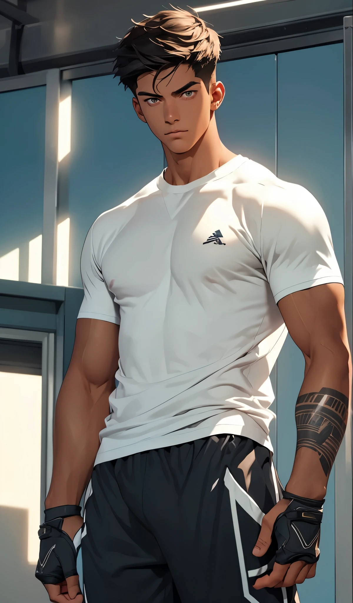 masterpiece, best quality, face, natural eyes, 1man, european, big feet, black socks, (no shoes), full body, large bulge, long legs, looking at viewer, 30 years old, muscled and mature, short haircut, face covered with white fluids, sweating, tight cloth, erecting, shirtless, topless,  smirks, solo, white skin, muscular, muscle man, tall, hunk, big biceps, abs, wide shoulder, open chest, facial hair, black short hair, wet body, wet hair, shirtless, viewer looking, high resolution:1.2, best quality, full body, flat style, dark sky, a male angel with huge black wings, fire on the ground, dark angel, black wings, tatooed arms, remote camera, ruined city, dark eyes, evil, evil eyes