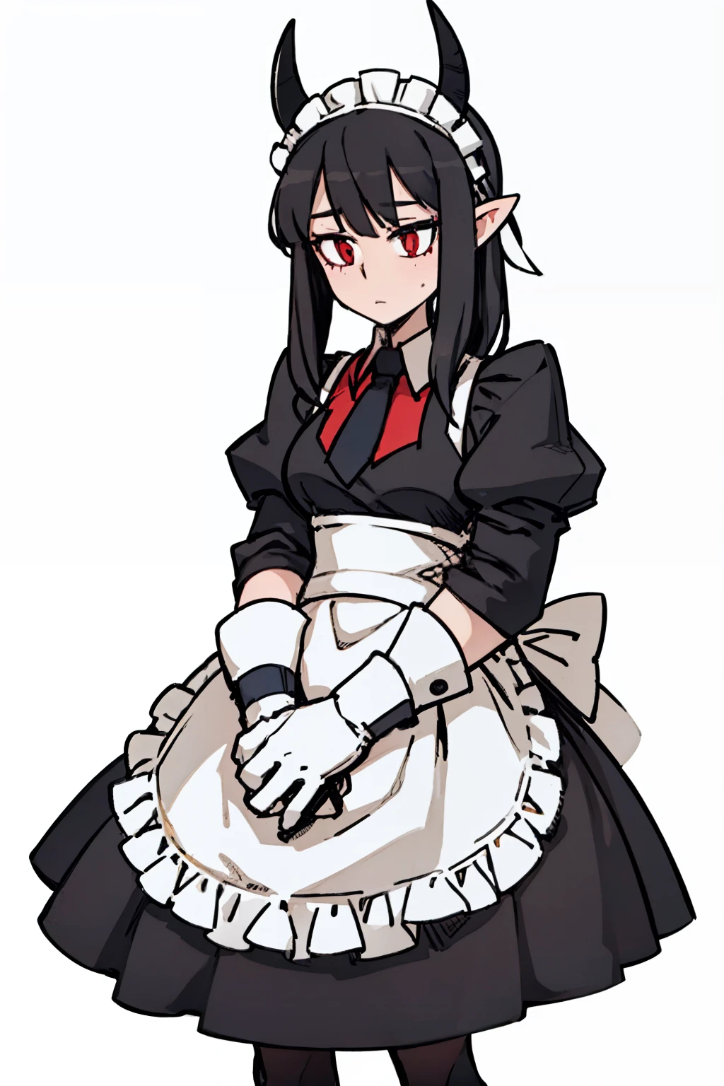 （（a woman，front，whole body）），maid outfit，black hair，White Devil Horn，White background，Native American，feather