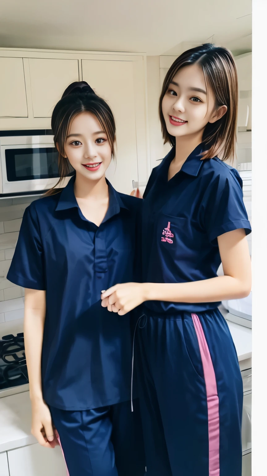 2 girls in the kitchen, Navy blue short-sleeved shirt,Navy Long Trackpant,Sweatpants, Sweatpantsขายาว,25 year old girl, lesbian, sexy, exercise clothes