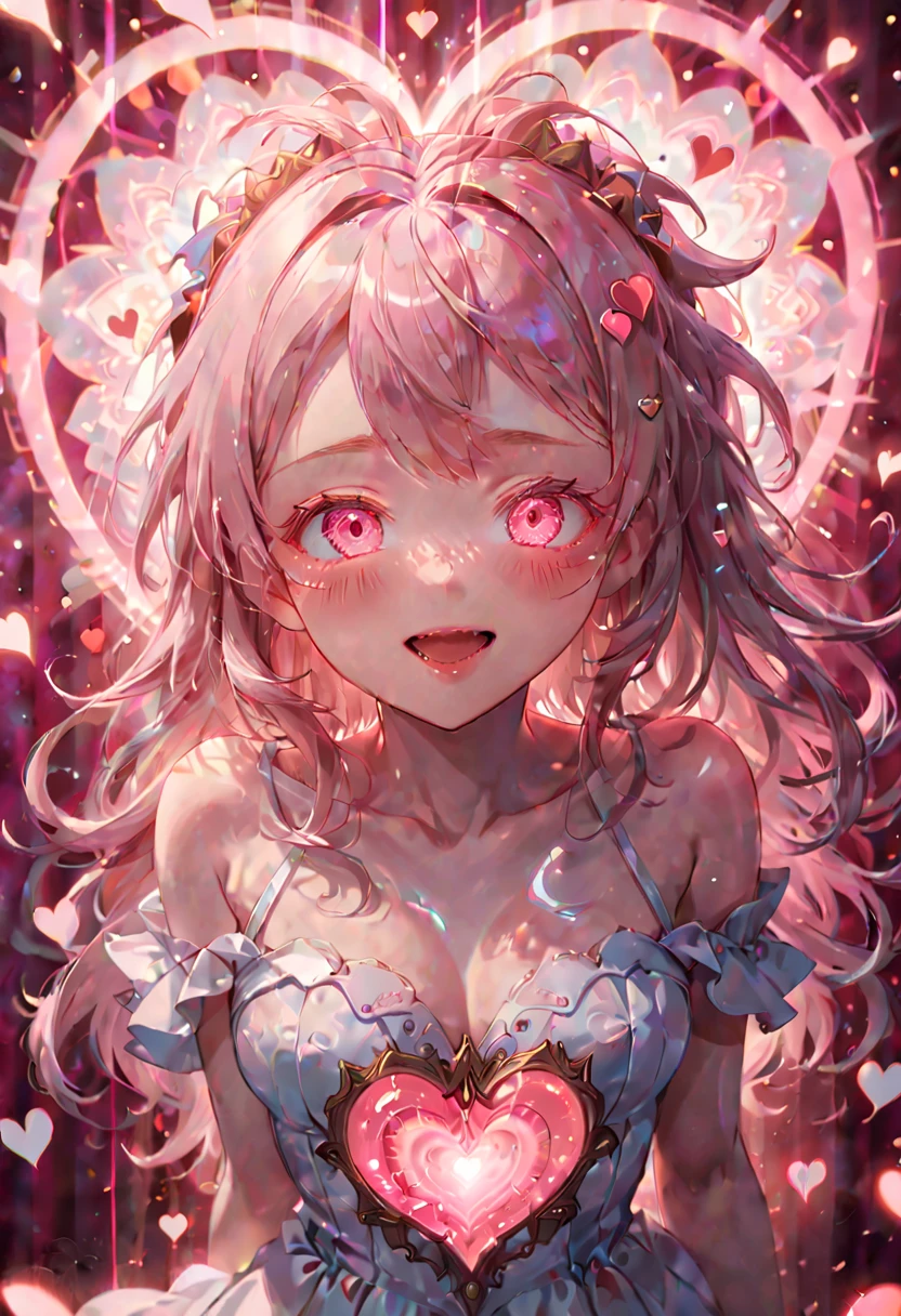 Anime illustration, a lovely woman winking, heart pattern around her, Pink glowing heart on background, godness, dreamlike art, dreamy, Surreal, Volumetric lighting, bright, enhance, intricate, (best quality, masterpiece, Representative work, official art, Professional, 8k)