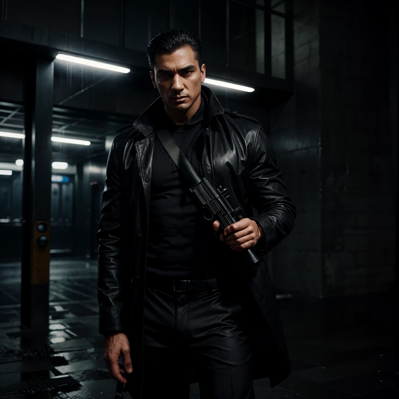 A sigma perfect face looking man, gangster vibe, dark cinematic rainy tone, wearing black coat pant, muscular body, holding ak47 weapon on his shoulder