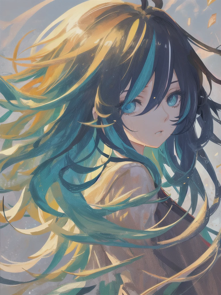 melancholic, streaked hair, multicolored hair, colored inner hair, hair over eyes, wet hair, sad, parted lips, Surrealism, modern, anime, backlighting, reflection light, from side, 8k, super detail, UHD, retina, textured skin, super detail, high details