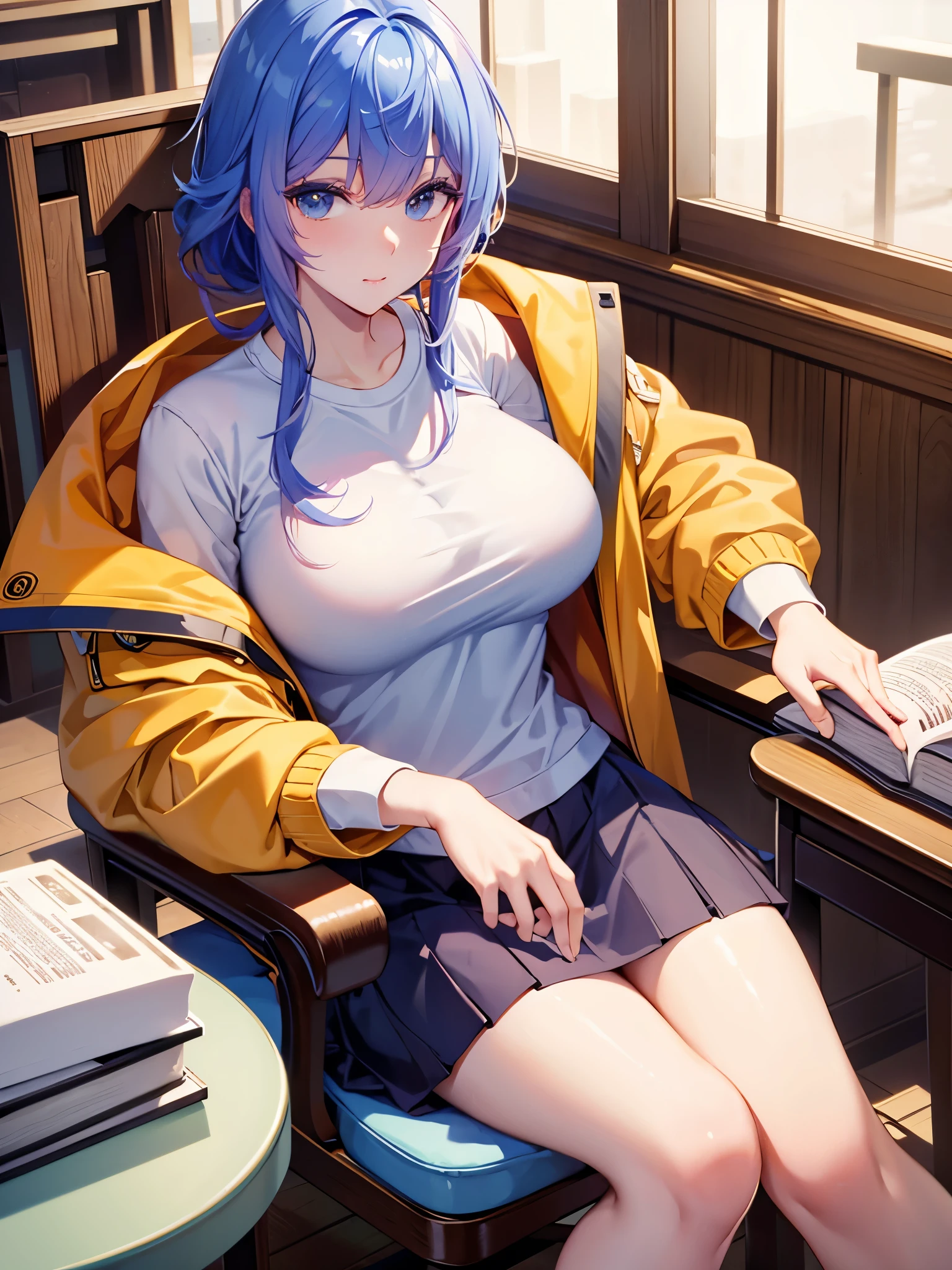 Tang Wutong, big breast, wearing a jacket and white t-shirt and skirt, sitting on a chair, library