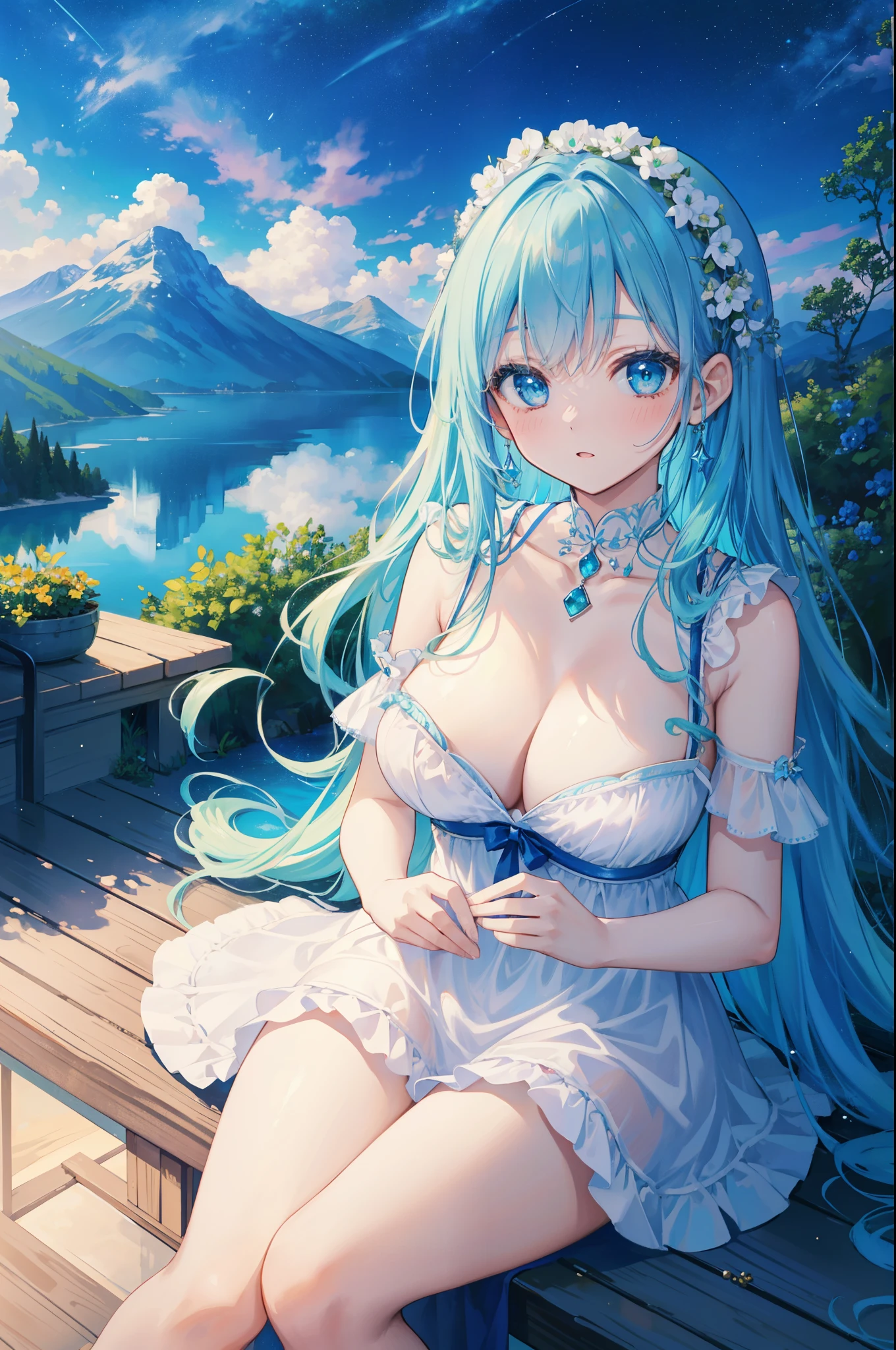 (masterpiece)、(highest quality)、((Super detailed))、(super delicate)、Idol in naughty night dress、Aqua blue hair、beautiful breasts、Thighs、Gorgeous、lake with mountain view、Fantastic starry sky