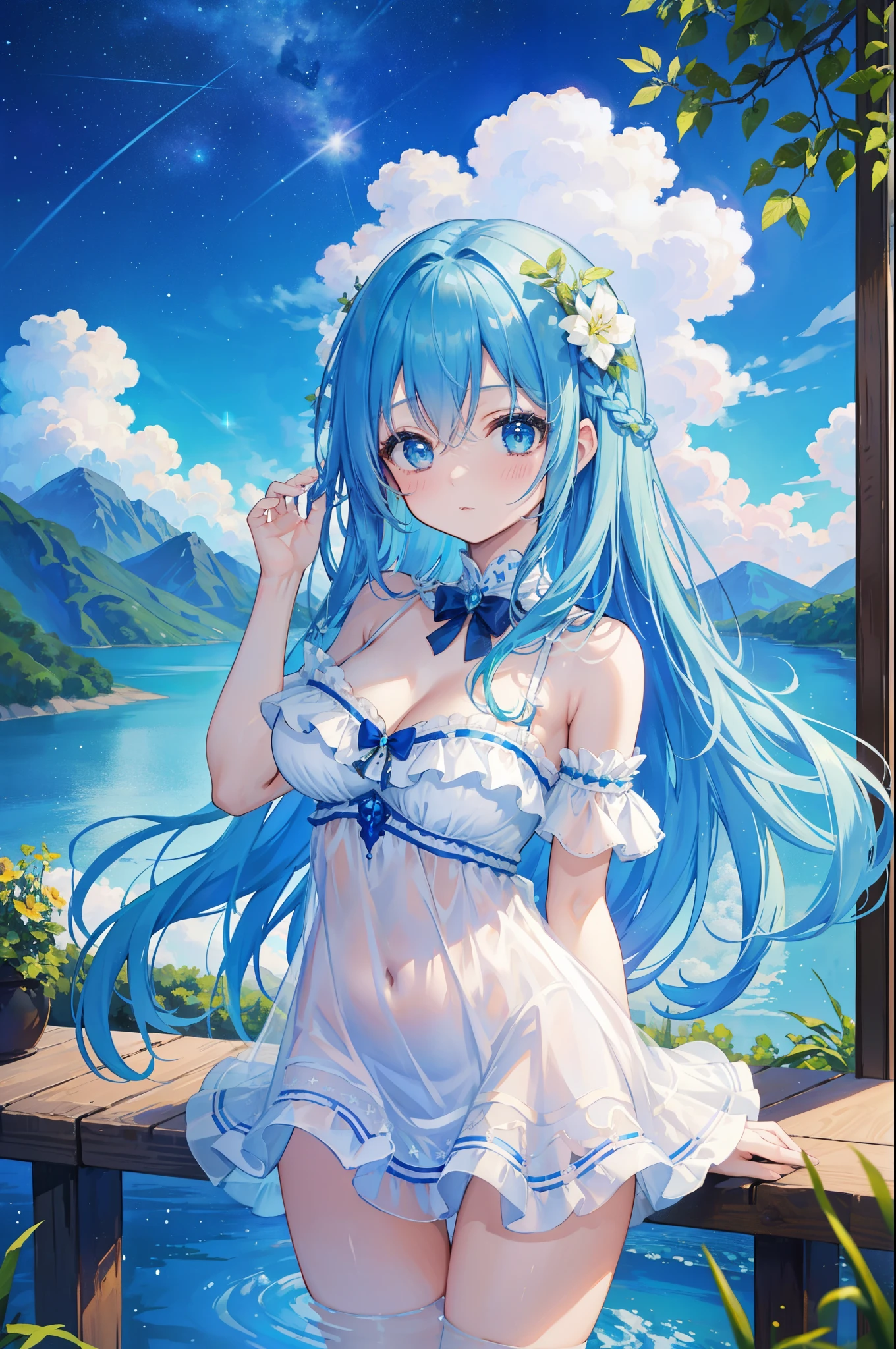 (masterpiece)、(highest quality)、((Super detailed))、(super delicate)、Idol in naughty night dress、Aqua blue hair、beautiful breasts、Thighs、Gorgeous、lake with mountain view、Fantastic starry sky