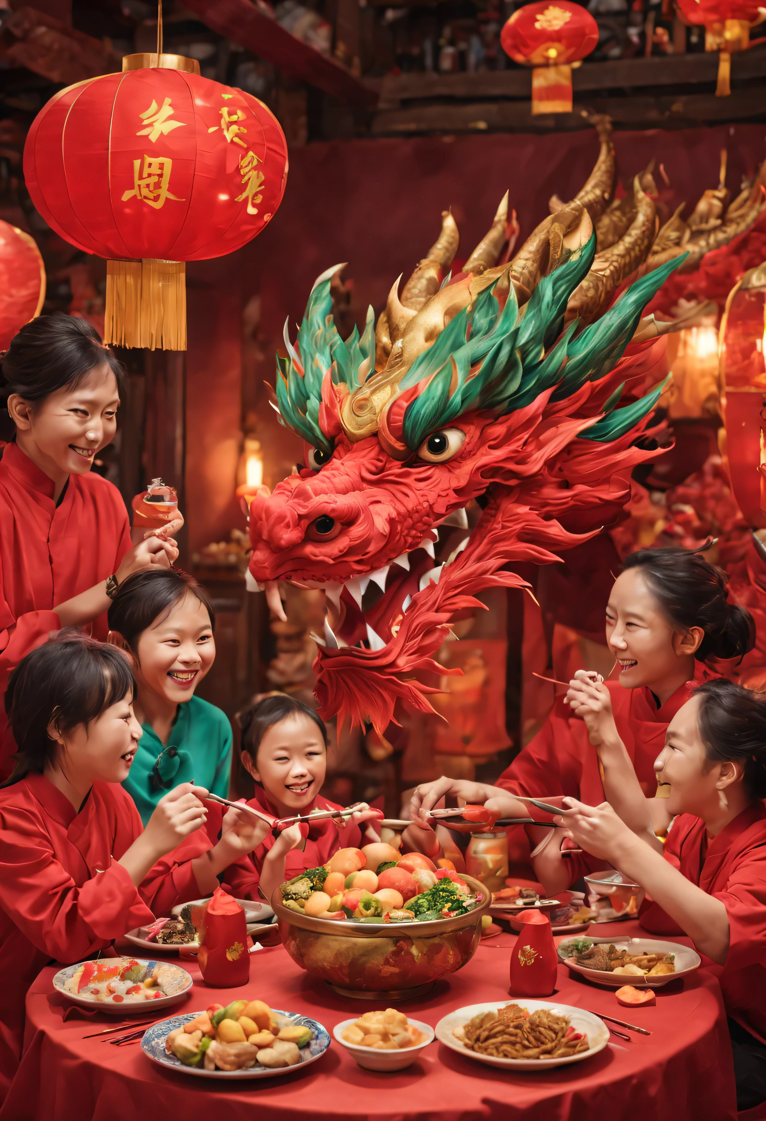 A brightly colored Chinese dragon hovers over a heartwarming reunion scene。Men, women and wearing red clothes,gather at home,The table is filled with food and drinks。Soft lighting illuminates the entire scene,Comfortable and relaxing。Everyone laughs and communicates,emotional rapport。Red tones create a strong festive atmosphere,Warmth, joy and happiness。Dragons and people complement each other interestingly,A festive atmosphere。The faces of dragons and people are clearly visible,Rich in details。