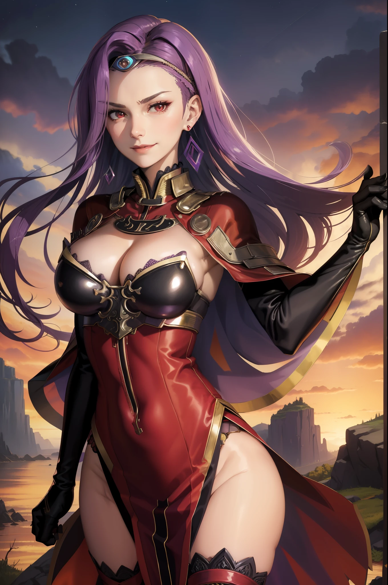 masterpiece, best quality, defsonya, circlet, purple cape, earrings, cleavage, red dress, black gloves, black thighhighs, upper body, furrowed brow, seductive, smile, closed mouth, looking at viewer, forest, cliffs, arms at sides 