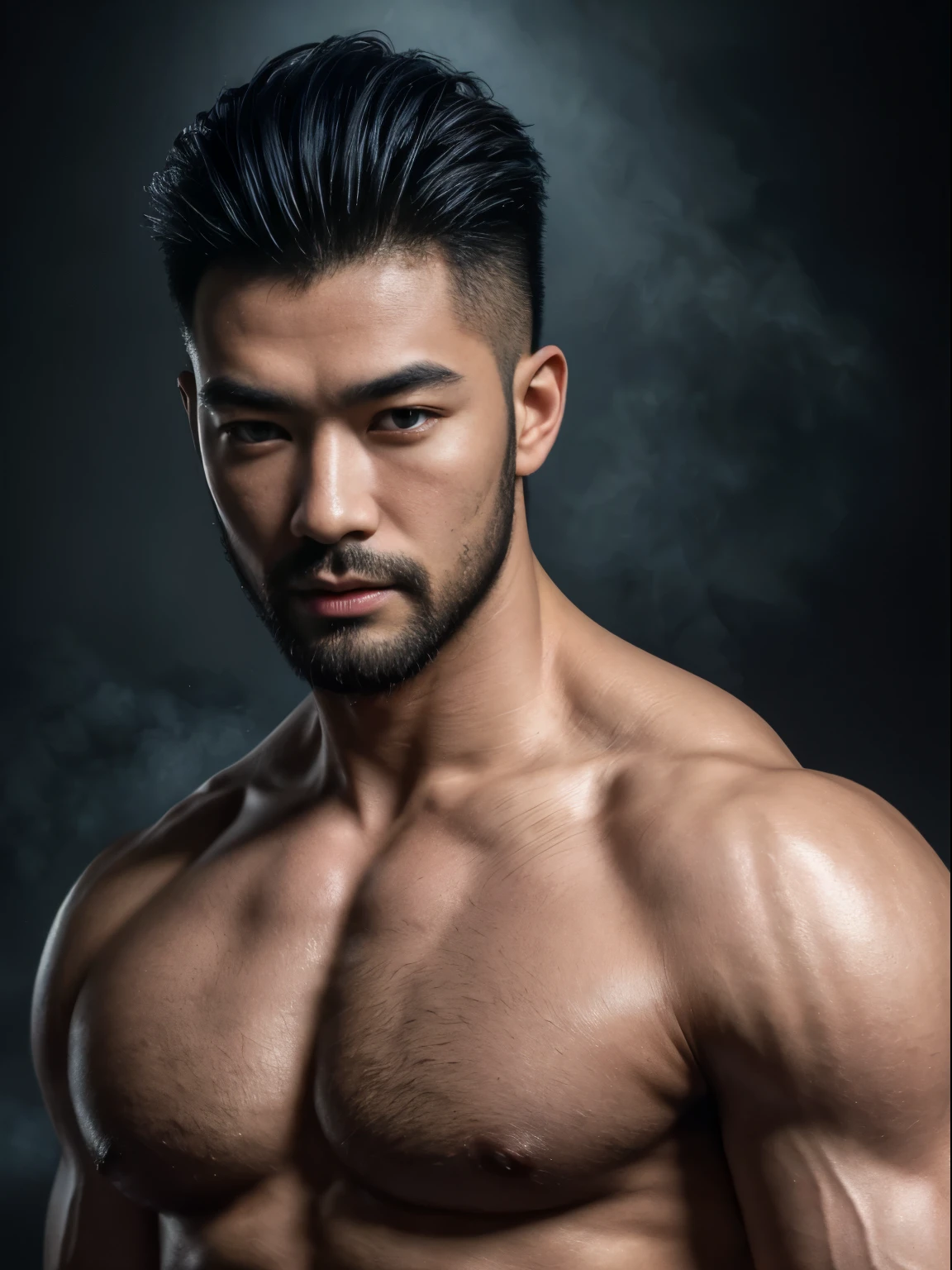 (ultra-realistic, highres ,best quality, masterpiece:1.2), portrait waist up view, Chinese man with blue mists surrounding him, detailed facial features, detailed eyes, long eyelashes, thin lips, scruff, muscular physique, wide shoulders, hairy chest, strong and masculine, hunk, stylish hair, simple background, photo studio, dramatic lighting