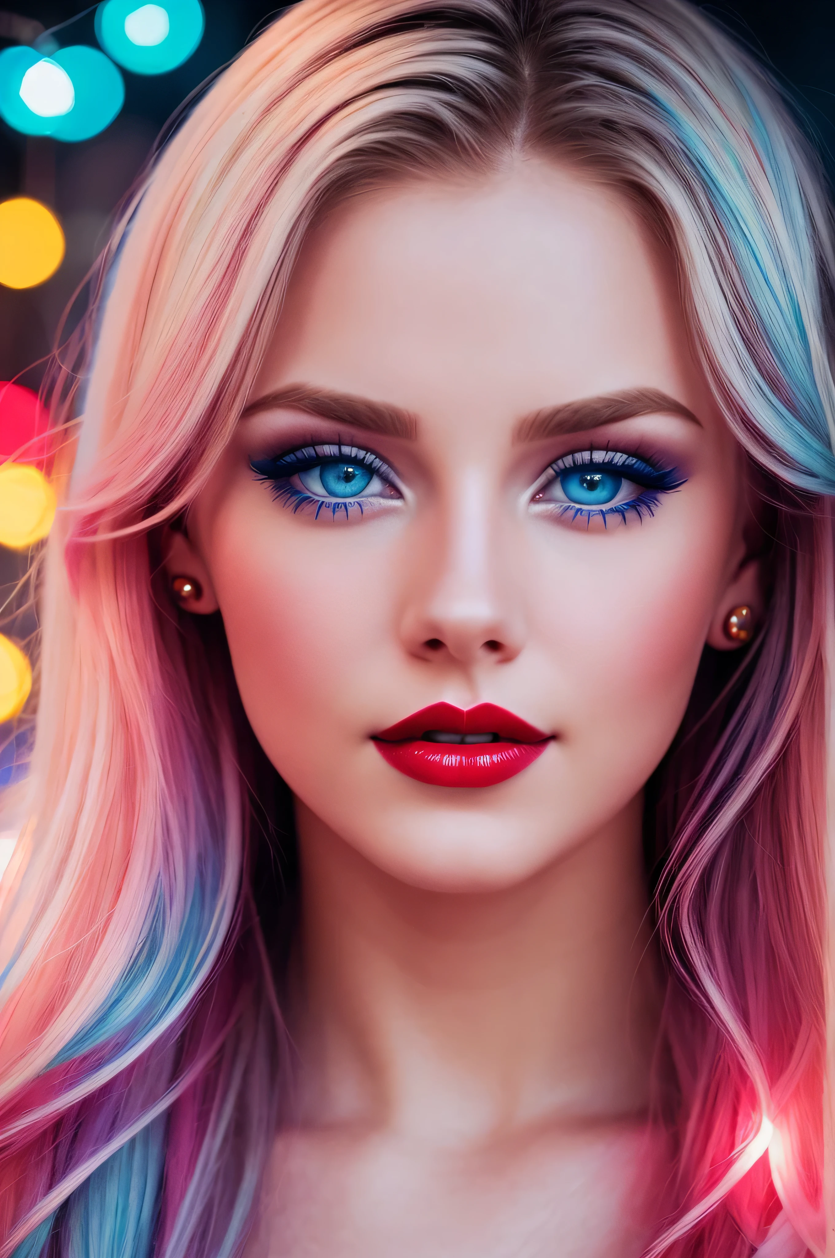 beautiful female face, blonde blue eyes red lips light design, pastel colors, ink drops, spring lights