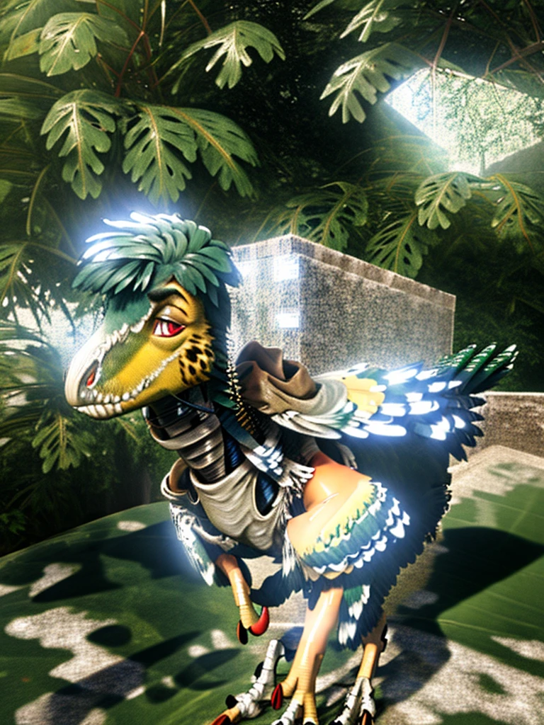 Ultra high resolution, best quality, masterpiece, mirror selfie, (half transformation), human feathered deinonychus animatronic fursuit hybridization metamorphosis, wearing saddle bridle bit and harness, in dark abandoned unlit bathroom, (part human:1.6) (part feral:1.3), (green:1.9) (brown:1.5) (tan:1.4) (striped:1.2) (spotted:1.1), ((liquid goo partial dripping encasement)), Five nights at Freddy’s style, red black pink, you stare at your reflection in horror as you morph into a decrepit deinonychus animatronic