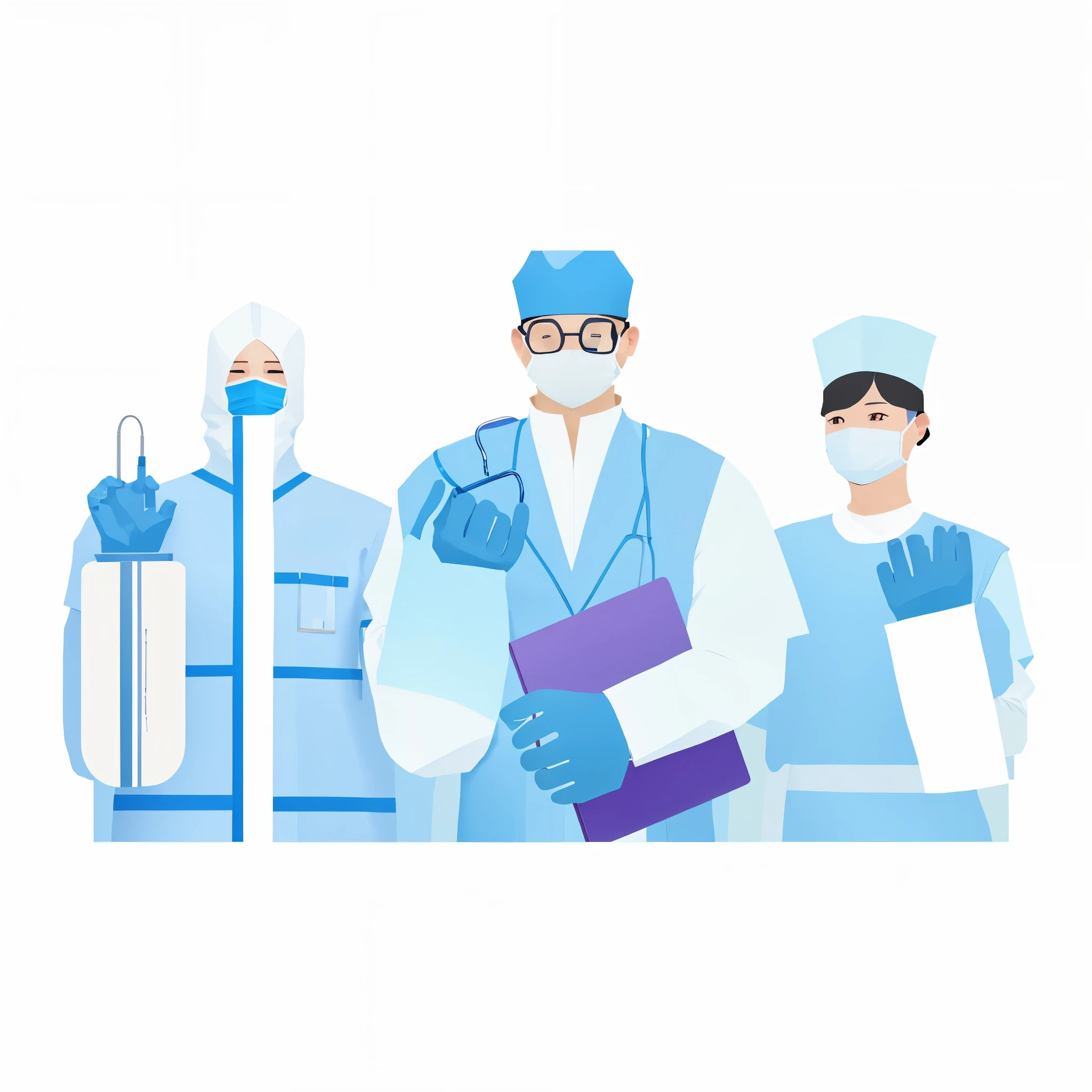 一群身穿防护服的doctor并排站着, 蒙面doctor, 外科doctor, Surgical gown and scrubs, Clean medical environment, medical staff, sterile background, surgical equipment, diverse medical cybersuits, flat illustration, doctor, Work. illustration, surgical supplies, sterile colours, sterile, Surgical instruments, 身穿防护服的Work人员