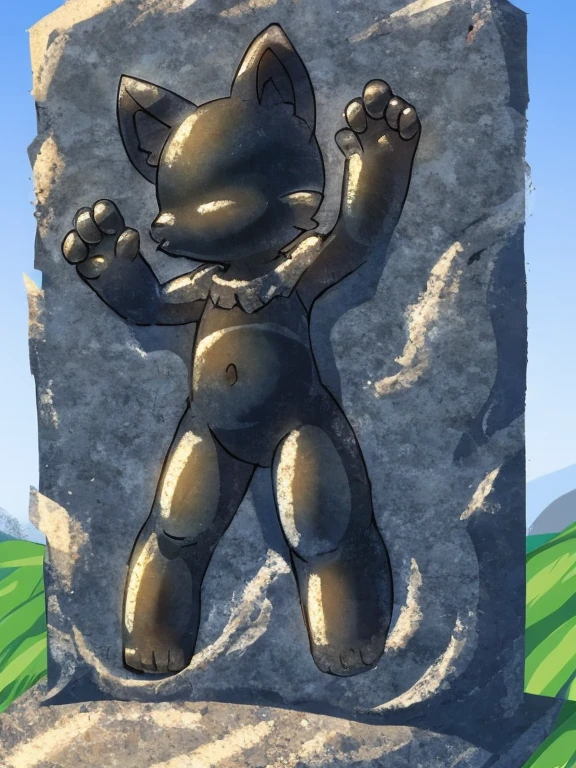 black cat，black relief，Stone material，No eyes，hand in stone