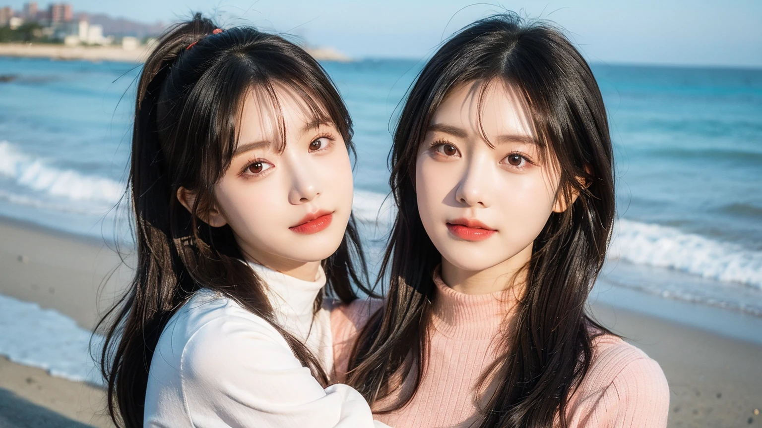 2 women hugging,(High resolution 8K Raw lifelike,best quality),Fashion trendy beautiful charming woman,gentle and charming Chinese beautiful woman,South Korea,South Korea流行偶像,Charming goose egg face,double eyelids,skilled[Peach colored lower eyes,red pink lips,small nose,The focus is on the face,face close-up,Ultra-detailed,Turtleneck sweater with printed letters and Chinese characters,Long hair single ponytail,(Half body:1.2),lace,Lace up, fresh and impressive, natural color,headlight,Normal body proportions, Big breasts,tattoo,(Ocean,beach),breeze in the breeze,sunshine on face,sweet smile