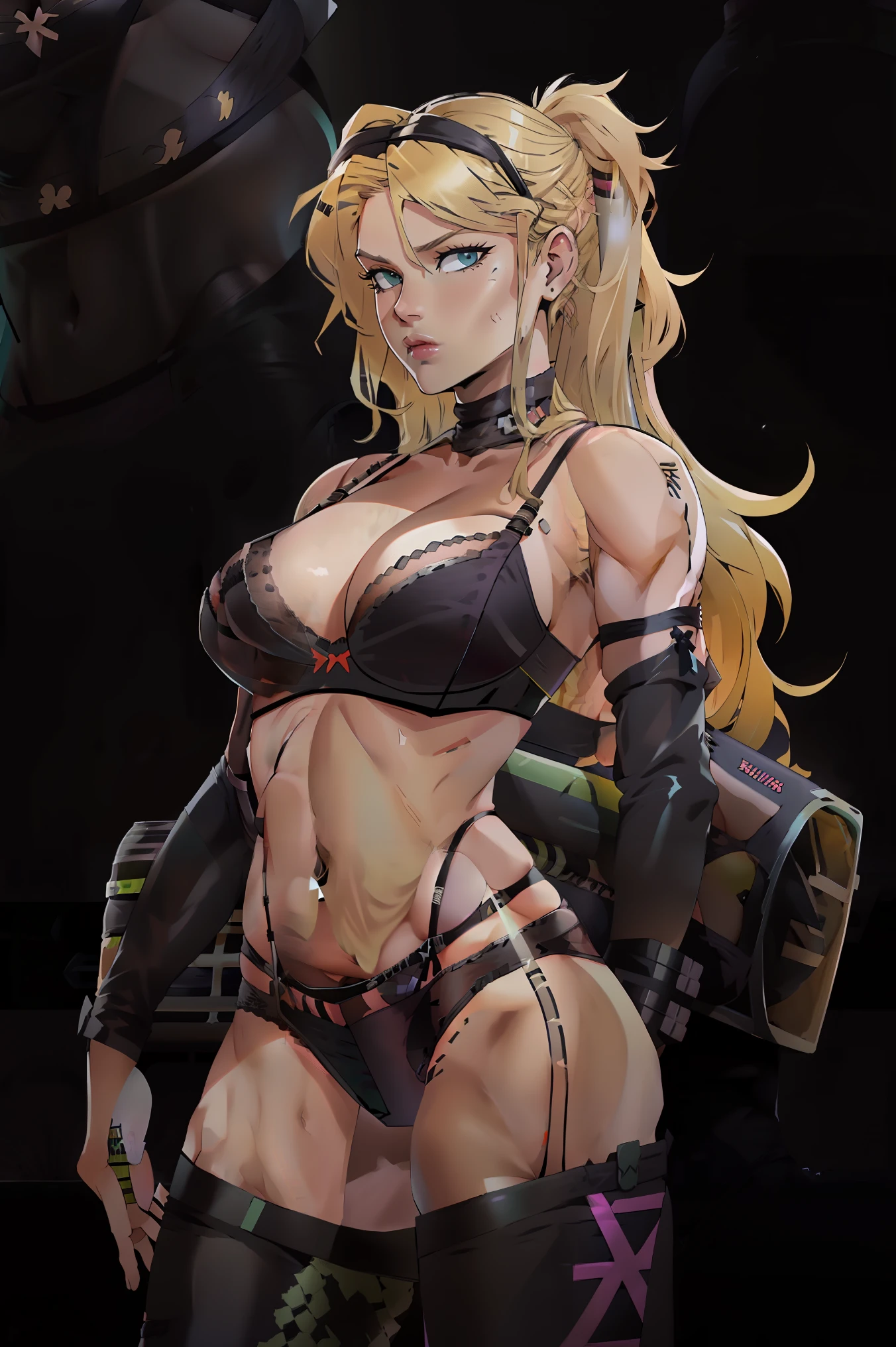 bbardot as apocalypse mercenary female, (blonde hair:1.2), bardot hairstyle, long hair, visible forehead, military gear, blue eyes, black ((black tube bra:1.5)), (black crop top), ((visible underboob)), green snake pants, large breasts, standing, blank background ,