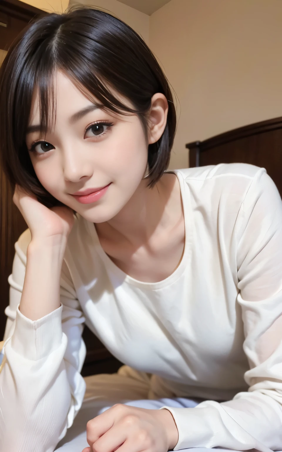 cute 21 year old japanese、super detailed face、Attention to detail、double eyelid、Beautiful thin nose、Sharp focus:1.2、Beauty:1.4、(bright茶髪、short cut hair、white skin、highest quality、bright、masterpiece、ultra high resolution、(realism:1.4)、Bedroom、night、on the bed、Cute Pajamas、best smile、