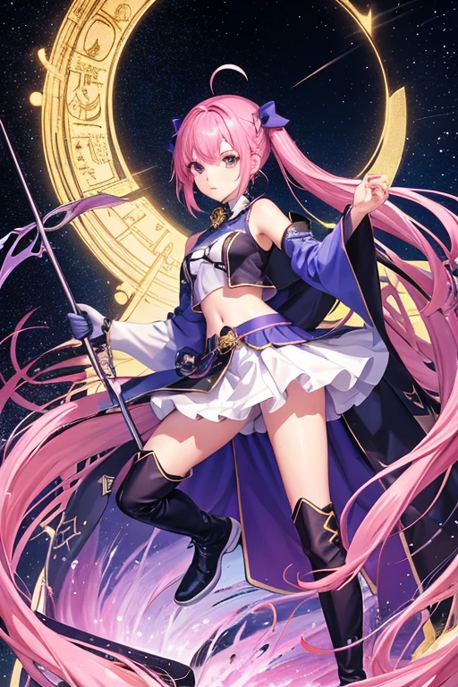 1gir,illustration,detailed,cosmic,fullbody,yellow clouthes,wizard hat,red hat,torn hat,drill hair,shiny eyes,pink|blue hair ,large breasts,angry,armour,Cyberpunk,armour skirt
black gloves,evil,floating hair,ZENTAI,taily,from behind,feetwear,handwear,headwear,glod,large sun,20 yo,Lightsaber,spread light,holy wings