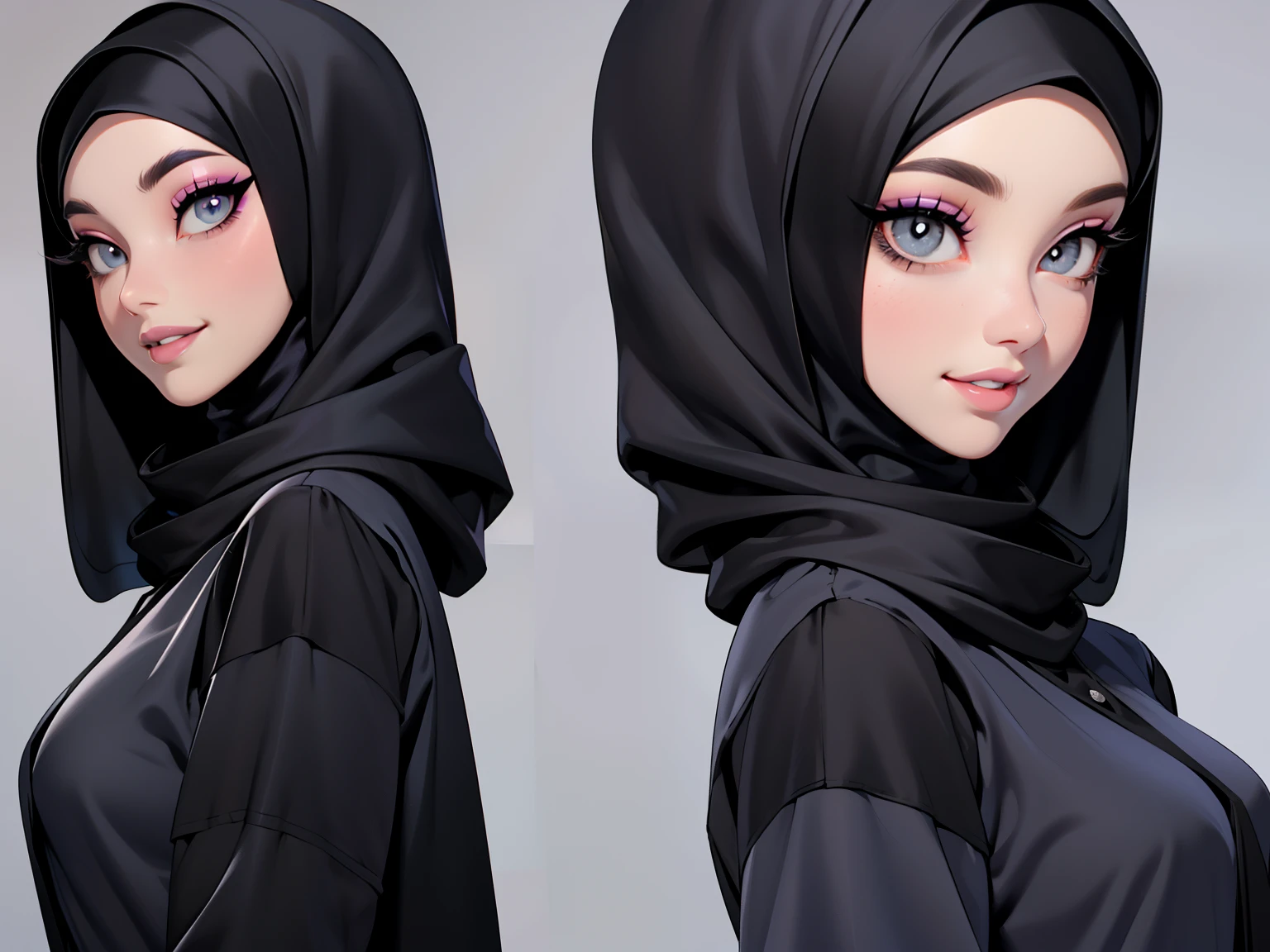 Character Design - a beautiful hijab girl character, beautifully makeup, eyeshadow, Parted Lips, detailed eyes, beautiful big eyes, long eye lashes, smile,. She's dresses (Black satin hijab)), loosely tide hijab style, ((Gray satin shirt)), Black satin long pario. (close up), front views