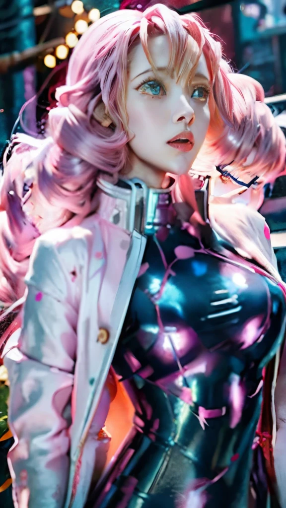 a woman with pink hair and a white jacket is standing in front of a fire, detailed digital anime art, digital cyberpunk anime art, anime styled digital art, rossdraws pastel vibrant, digital anime art, rossdraws cartoon vibrant, ross tran style, anime cyberpunk art, artwork in the style of guweiz, digital cyberpunk - anime art, anime fantasy illustration