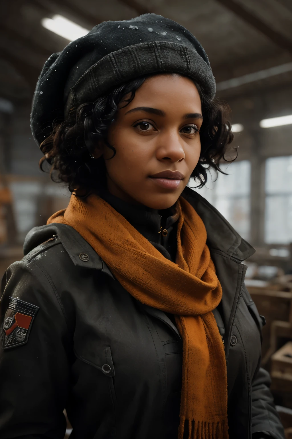 Frostpunk inspired. WW2 aesthetic. Black Woman, early 30s, curly hair. Wearing a large worn engineer jacket and a thick snowy winter outfit with orange scarf and hat. Background is inside a engineering workshop. Close up like a portrait.