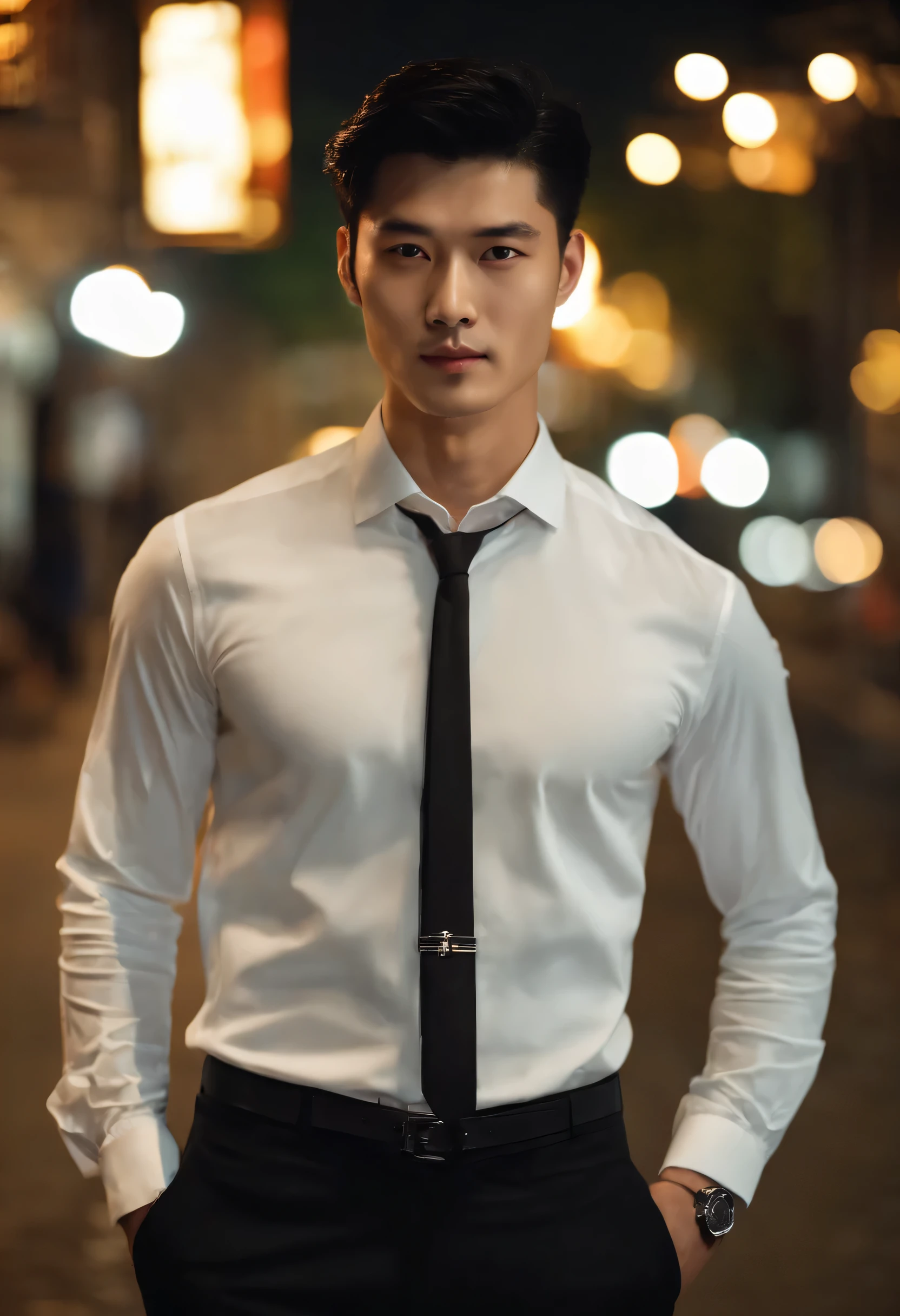 (chinesse Handsome men: 1.4), White shirt, Short black hair, Delicate face, Fair skin, formal outfit, ((On the street at night: 1.4)), Night, Deserted, nobody, 8 kg HD image, Masterpiece-level high-quality images,ryokan、Greet with a smile