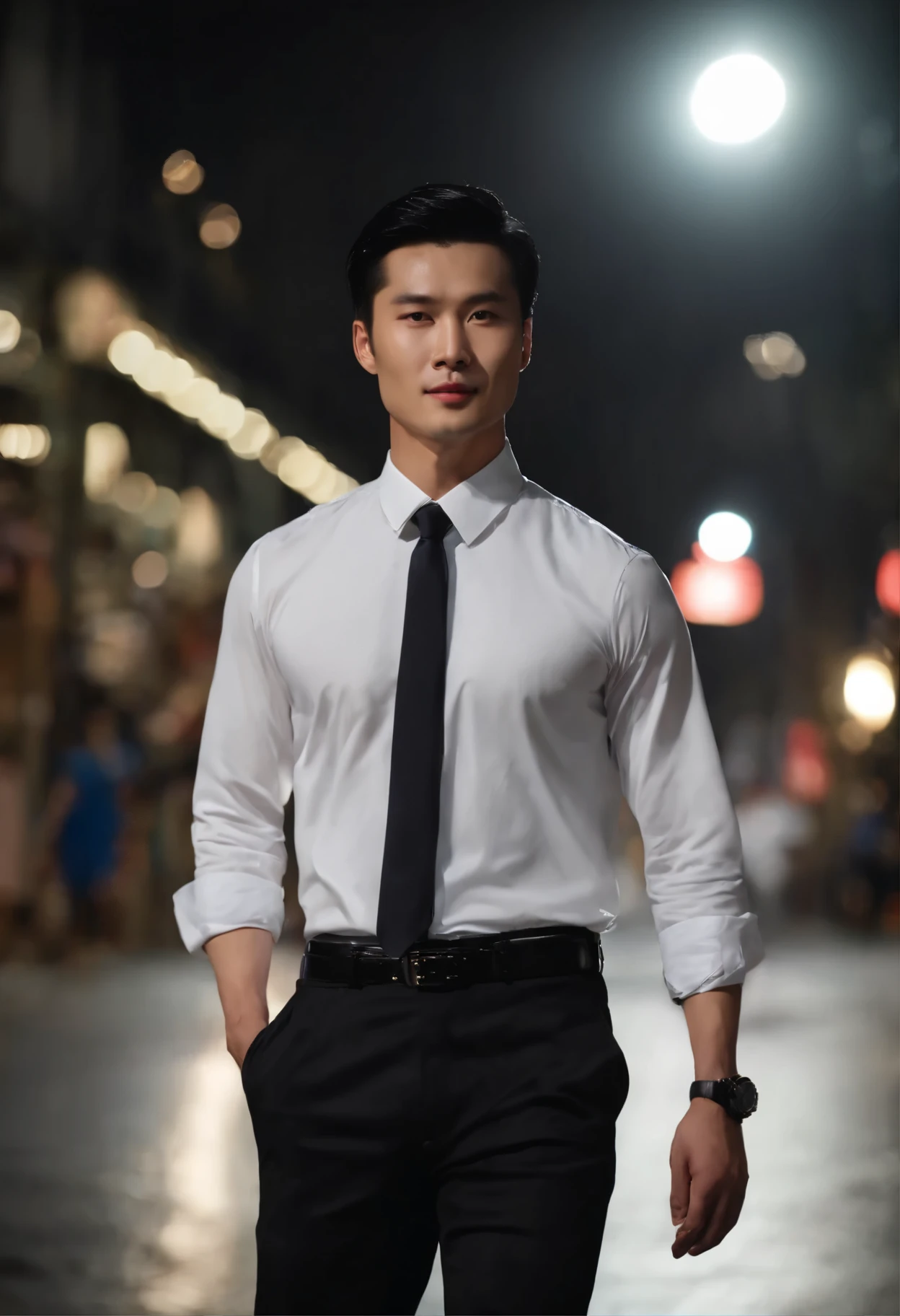 (chinesse Handsome men: 1.4), White shirt, Short black hair, Delicate face, Fair skin, formal outfit, ((On the street at night: 1.4)), Night, Deserted, nobody, 8 kg HD image, Masterpiece-level high-quality images,ryokan、Greet with a smile