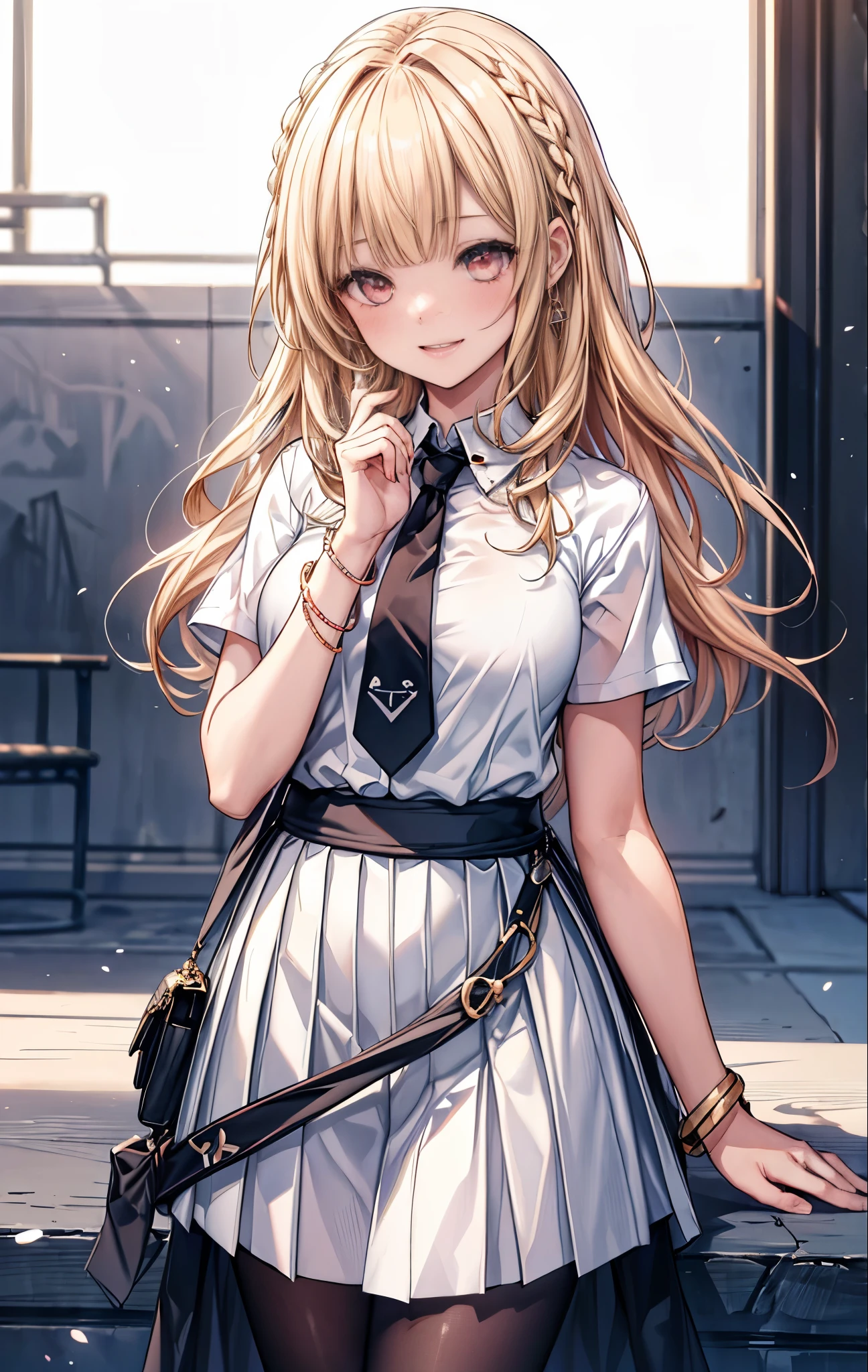 4K, masterpiece, khd, More ridiculous, Natural volumetric lighting and best shadows, deep depth of field, sharp focus, soft, delicate, beautiful attractive face, cookie doll, anime style, Kitagawa Marine, 1 girl, :d, body, パールbracelet, pearl, black necktie, blonde hair, 青いskirt, blush, bracelet, cute, jewelry, long hair, viewers watching, tie, 誇張されたsmile, check, チェック柄のskirt, red eyes, , shirt, outside, skirt, smile,  alone, Are standing, white background, White shirt,