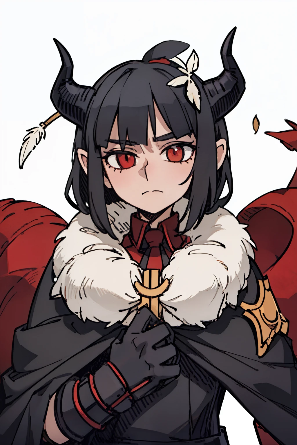 ((a woman,front,whole body)),cloak,black hair,There are white demon horns on the head,White background,Native American,feather