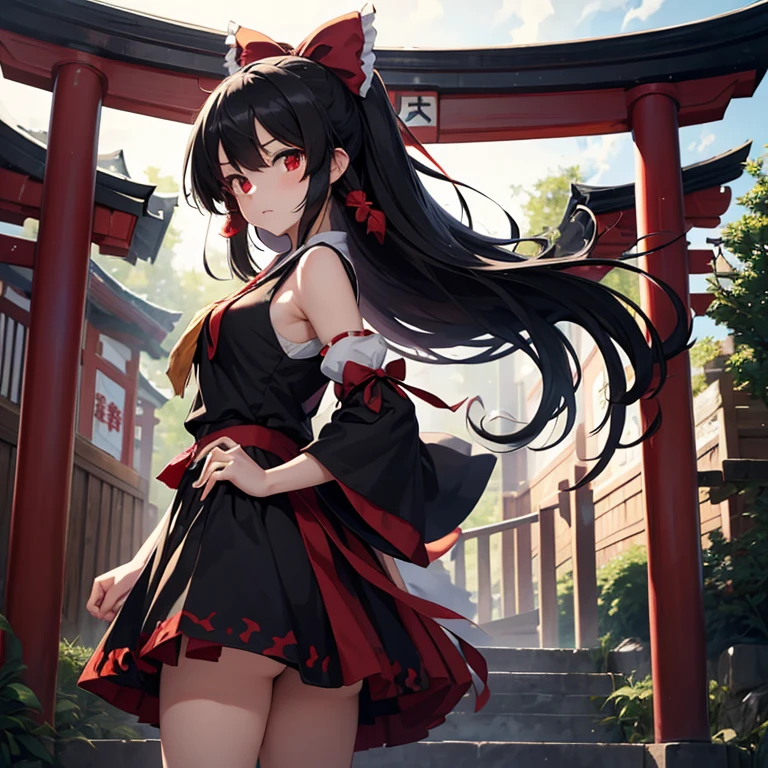 1girl, reimu hakurei, touhou, masterpiece, black hair, black detached sleeves, red eyes, stoic, shrine maiden, black shirt,, black hair bow, black ribbon, black skirt