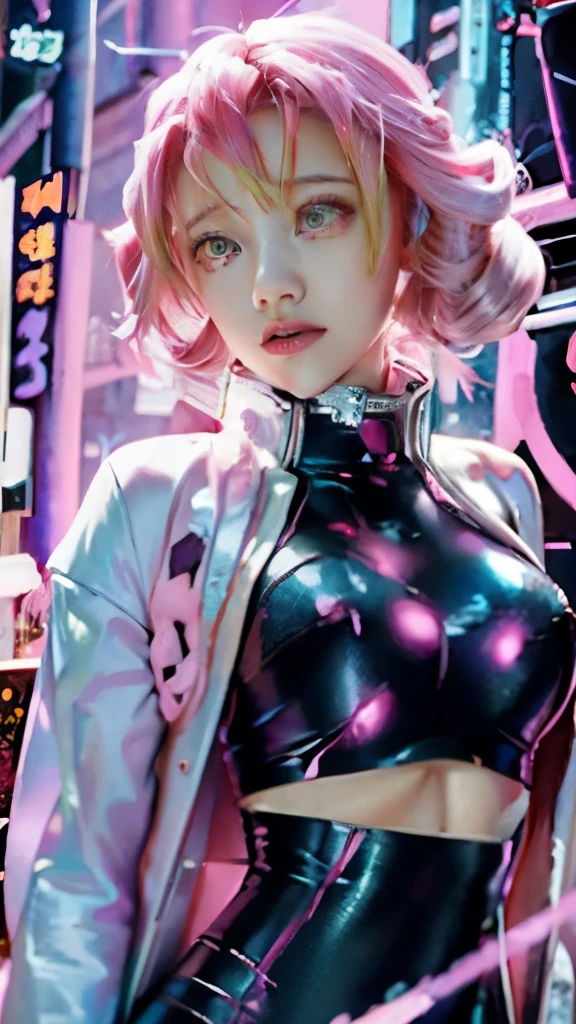 a woman with pink hair and a white jacket is standing in front of a fire, detailed digital anime art, digital cyberpunk anime art, anime styled digital art, rossdraws pastel vibrant, digital anime art, rossdraws cartoon vibrant, ross tran style, anime cyberpunk art, artwork in the style of guweiz, digital cyberpunk - anime art, anime fantasy illustration