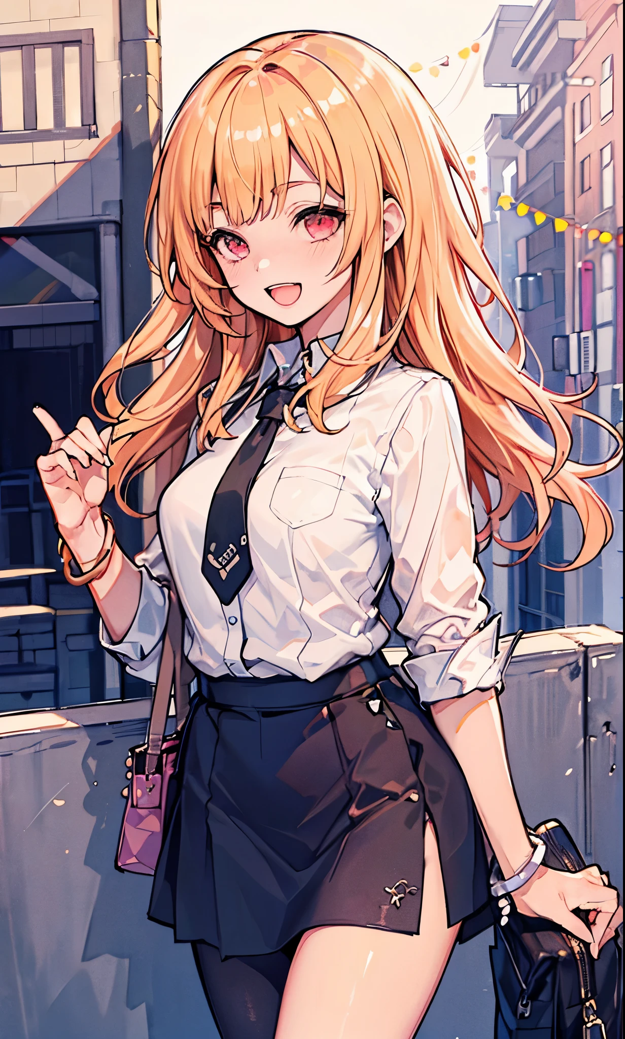 4K, masterpiece, khd, More ridiculous, Natural volumetric lighting and best shadows, deep depth of field, sharp focus, soft, delicate, beautiful attractive face, cookie doll, anime style, Kitagawa Marine, 1 girl, :d, body, パールbracelet, pearl, black necktie, blonde hair, 青いskirt, blush, bracelet, cute, jewelry, long hair, viewers watching, tie, 誇張されたsmile, check, チェック柄のskirt, red eyes, , shirt, outside, skirt, smile, alone, Are standing, white background, White shirt,